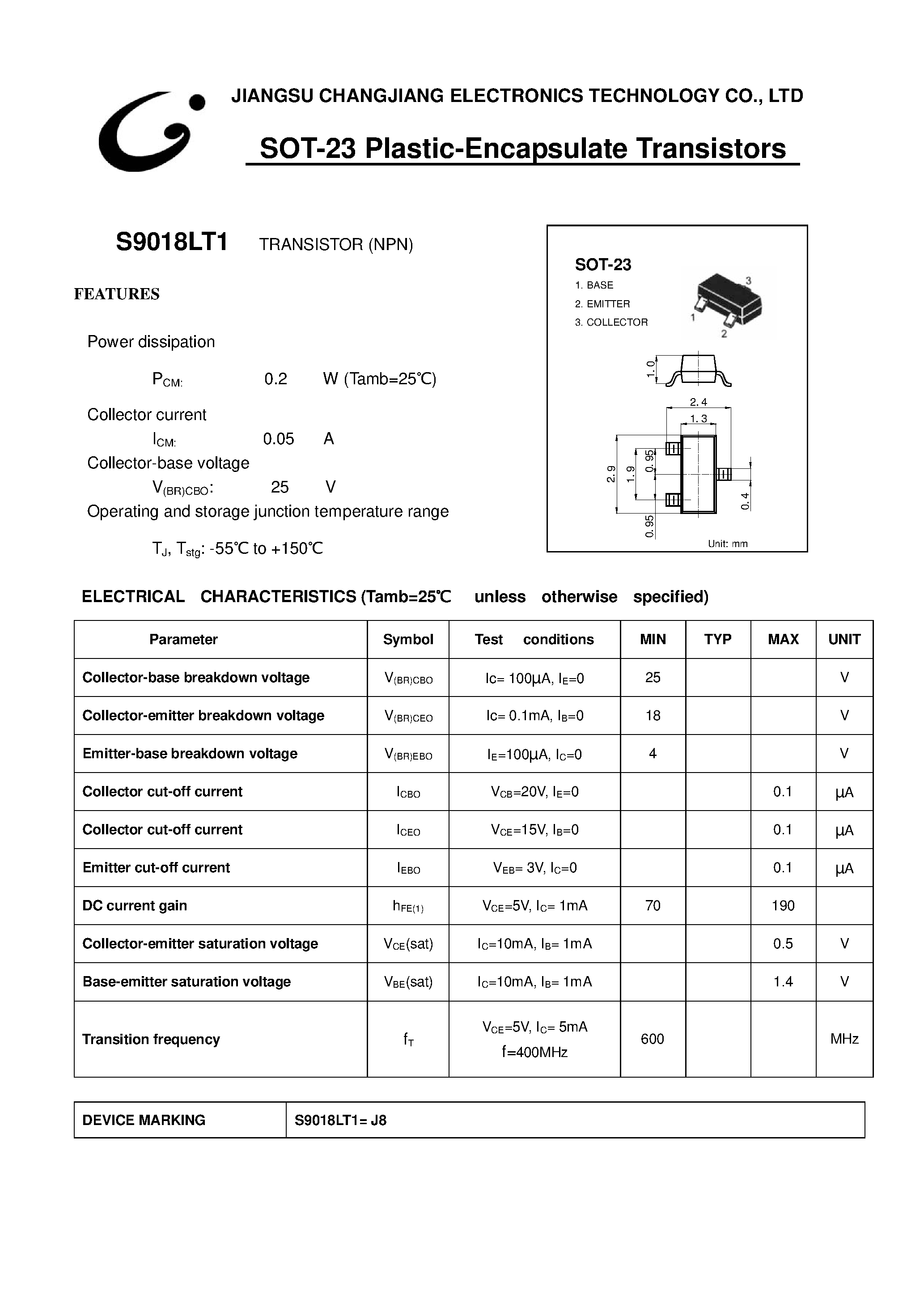 Datasheet S9018LT1 - SOT-23 Plastic Rncapsulate Transistors page 1