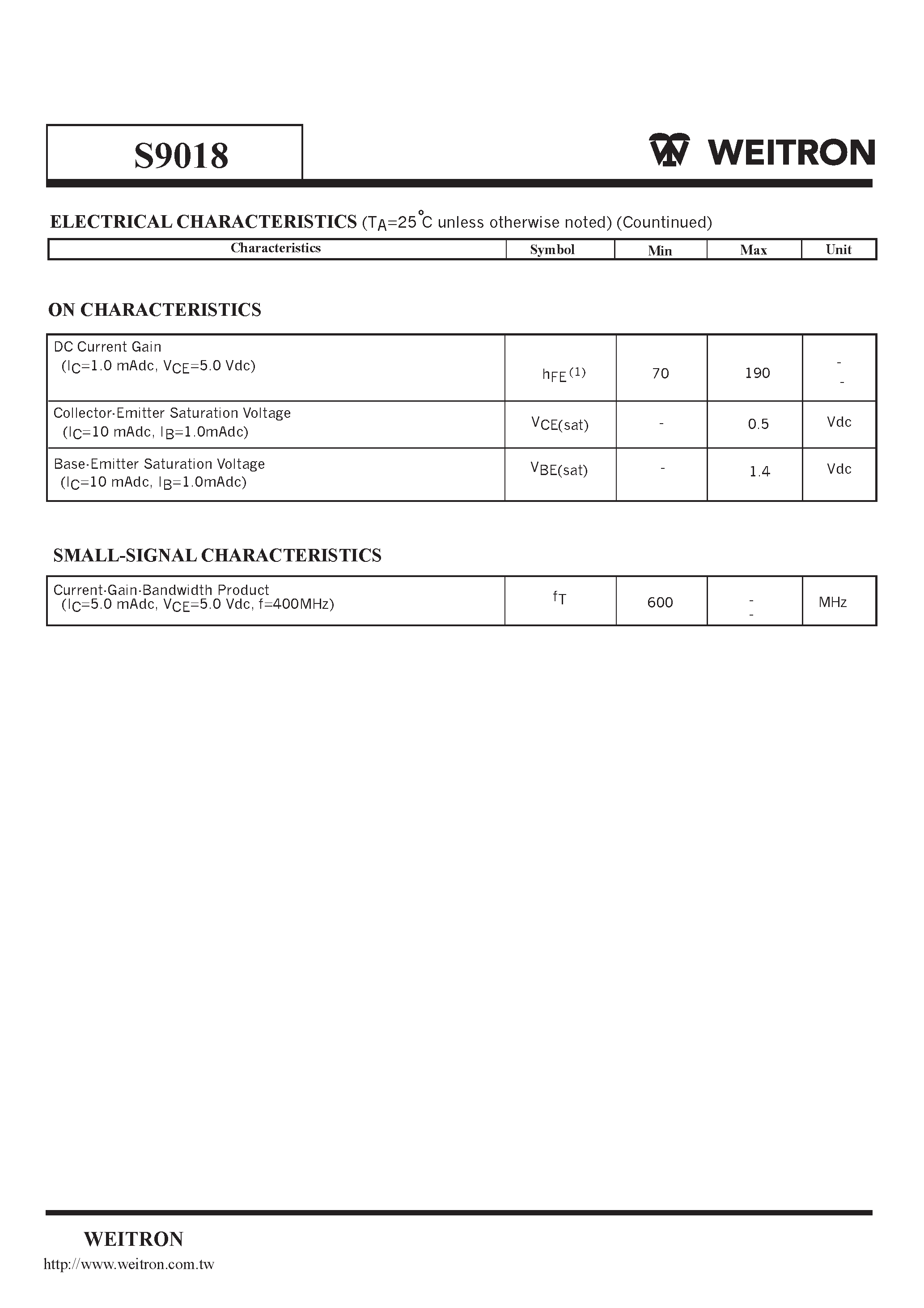 Datasheet S9018 - NPN General Purpose Transistors page 2