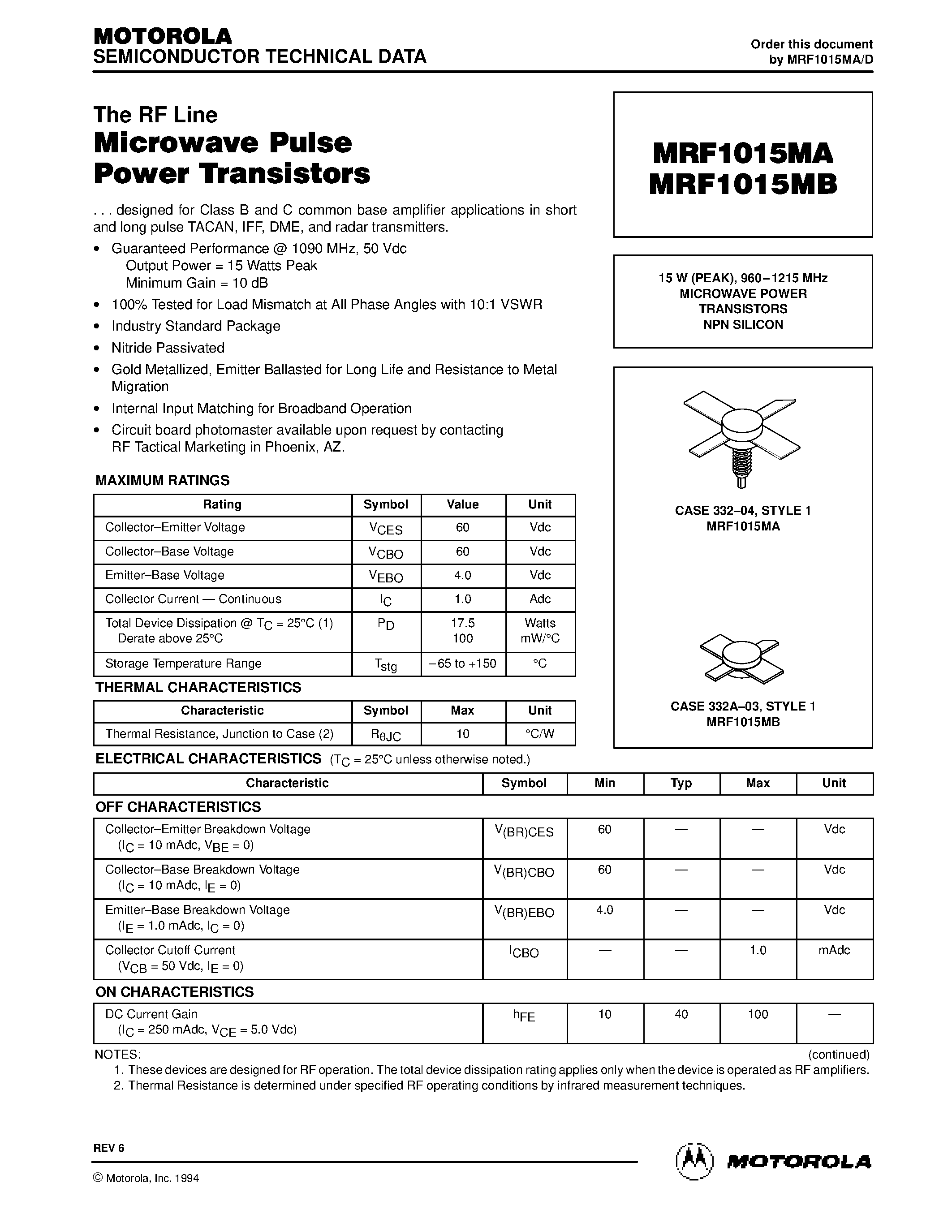 Datasheet MRF1015Mx page 1 Datasheet MRF1015Mx - MICROWAVE POWER TRANSISTORS page 1
