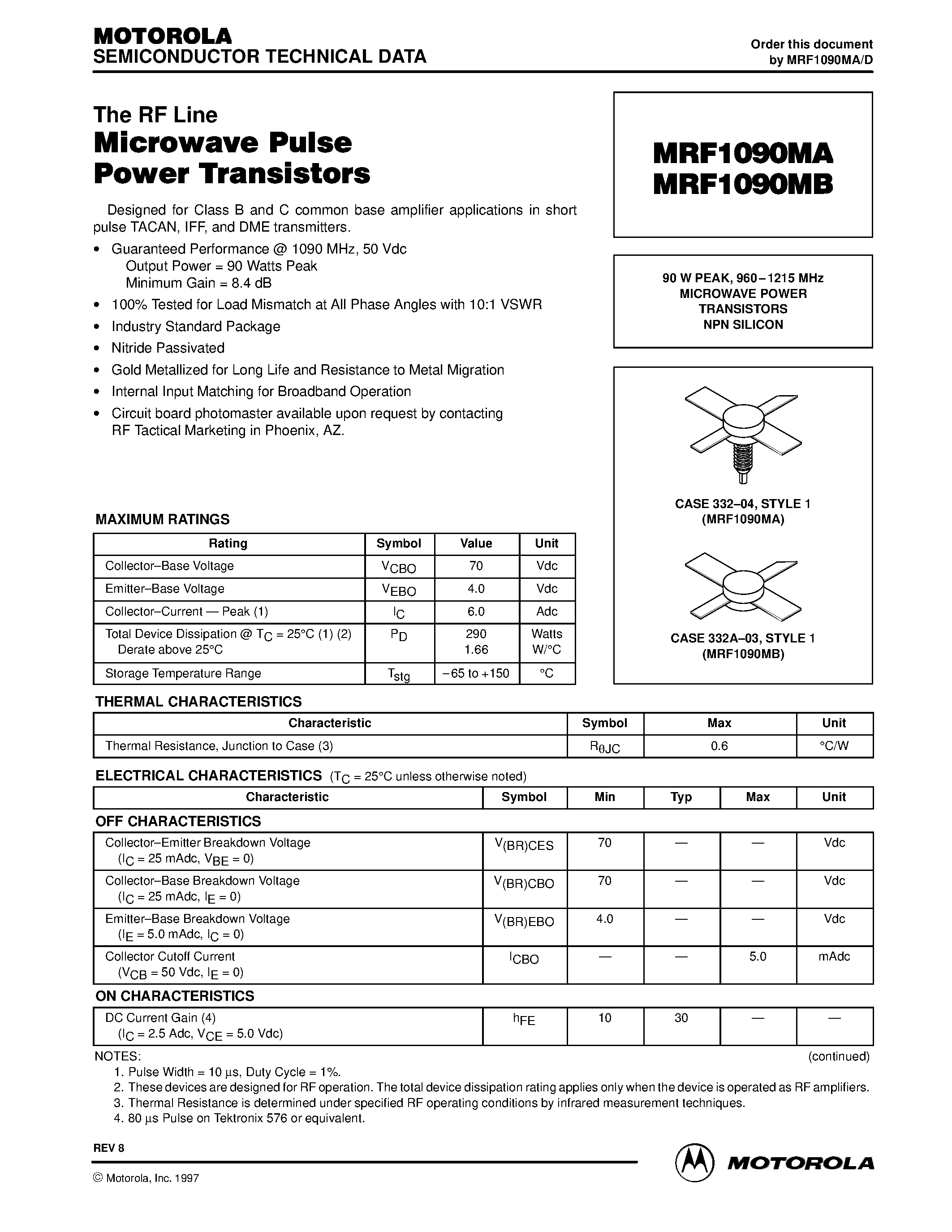 Datasheet MRF1090Mx page 1 Datasheet MRF1090Mx - MICROWAVE POWER TRANSISTORS page 1
