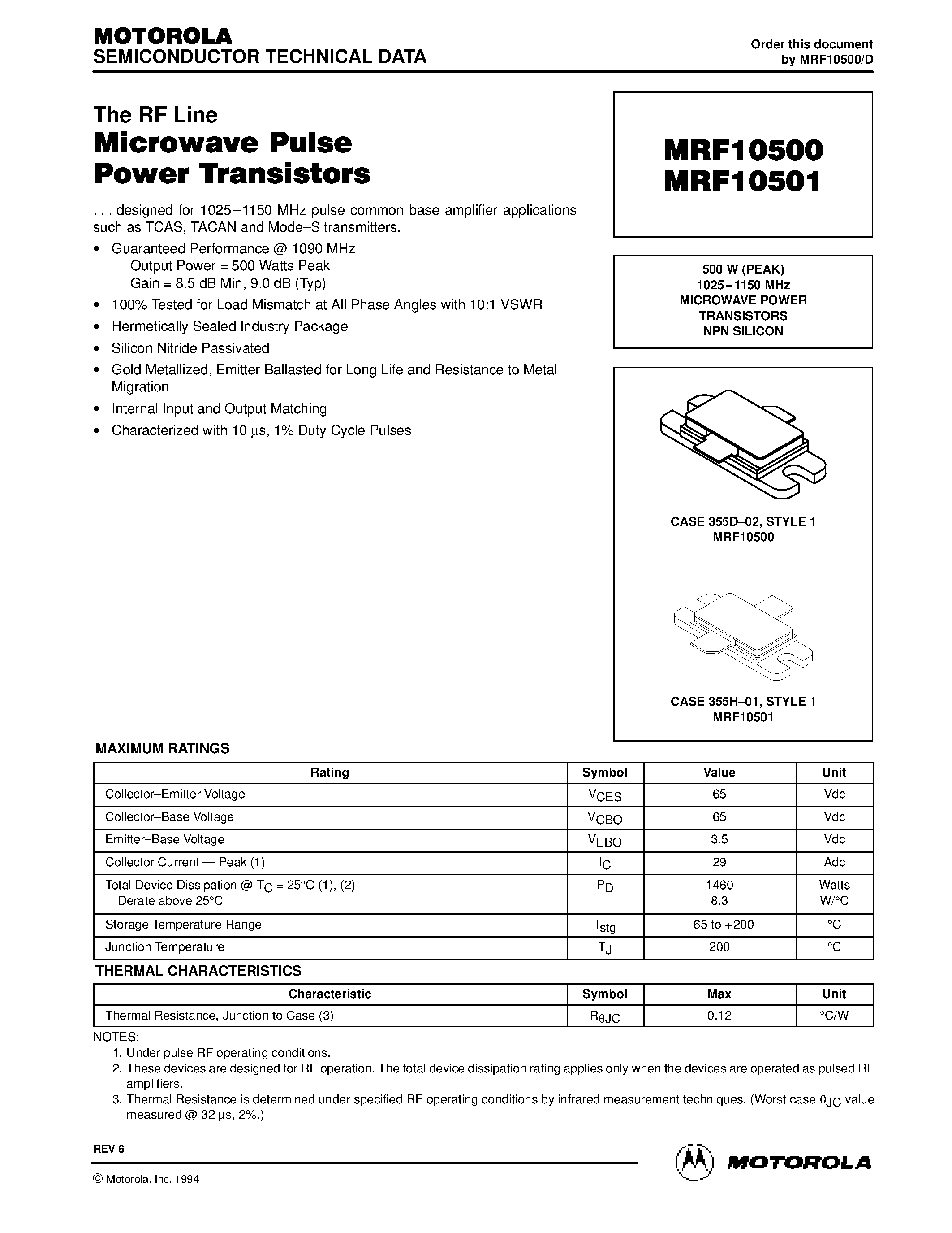 Datasheet MRF10500 page 1 Datasheet MRF10500 - MICROWAVE POWER TRANSISTORS page 1