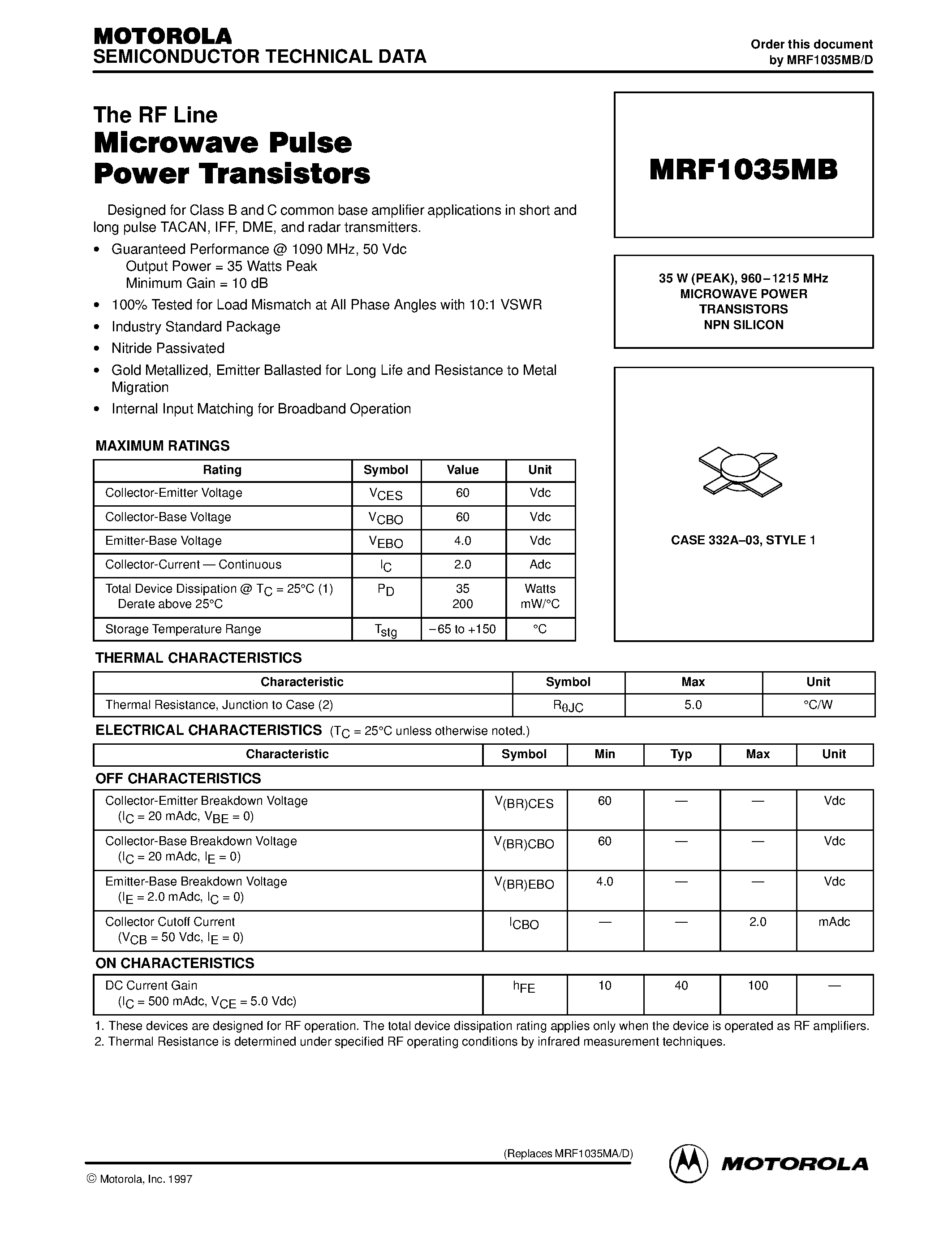Datasheet MRF1035MB page 1 Datasheet MRF1035MB - MICROWAVE POWER TRANSISTORS page 1