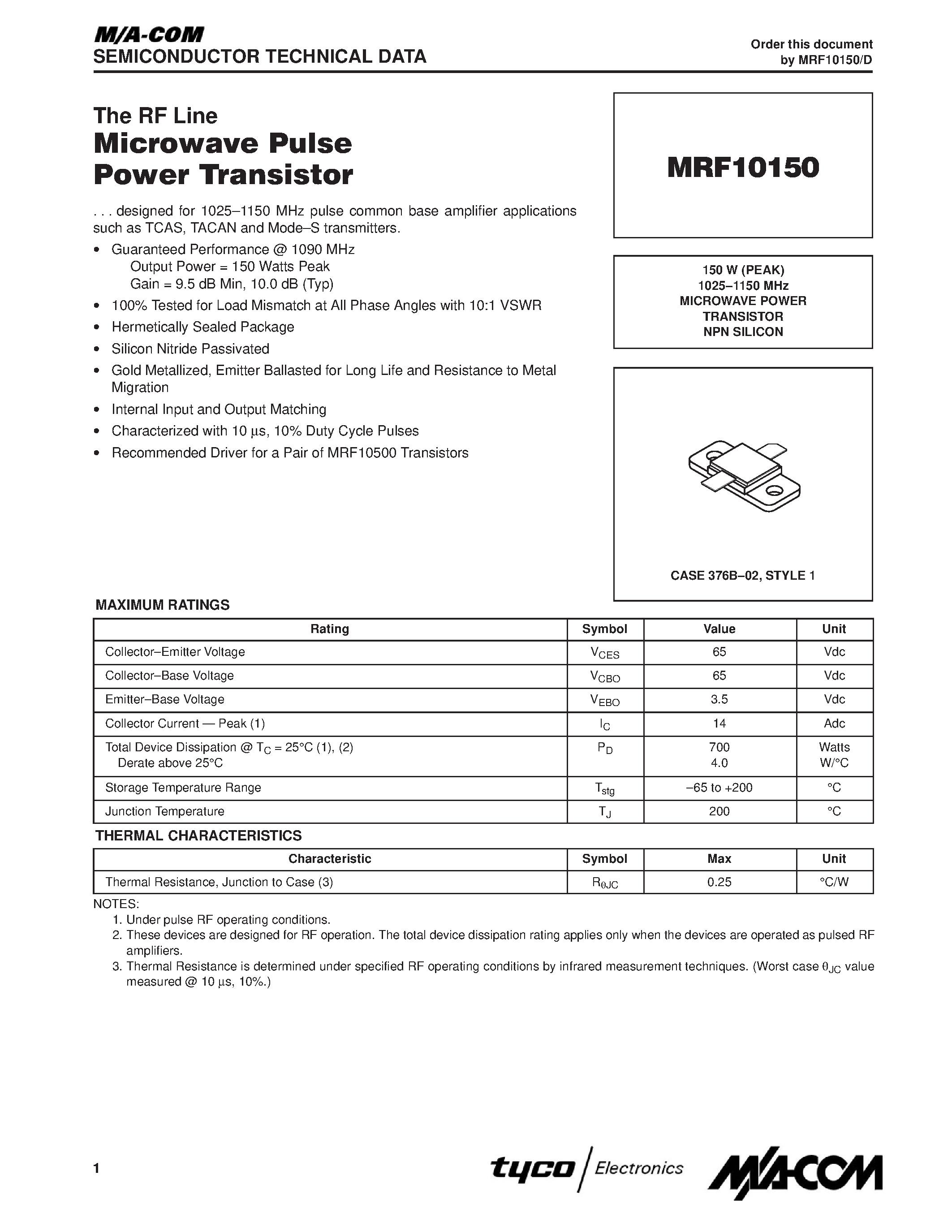 Datasheet MRF10150 page 1 Datasheet MRF10150 - MICROWAVE POWER TRANSISTORS page 1
