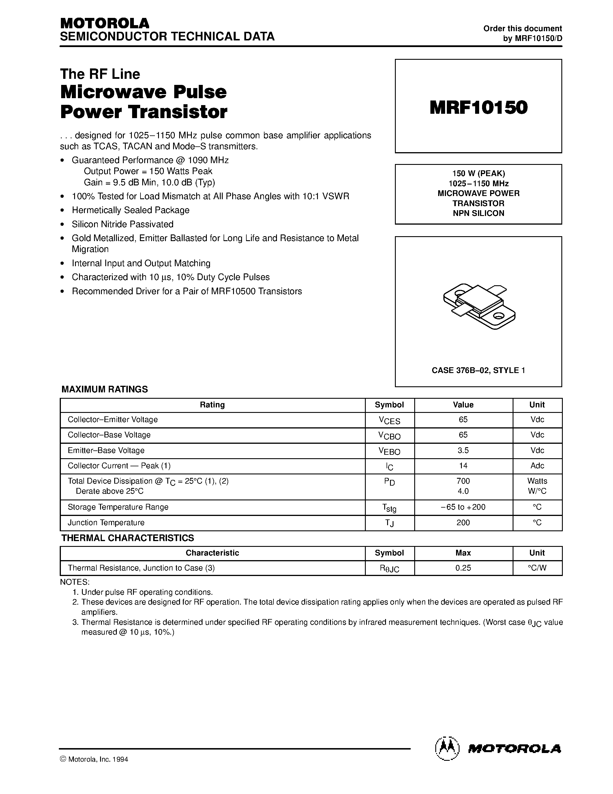 Datasheet MRF10150 - MICROWAVE POWER TRANSISTORS page 1