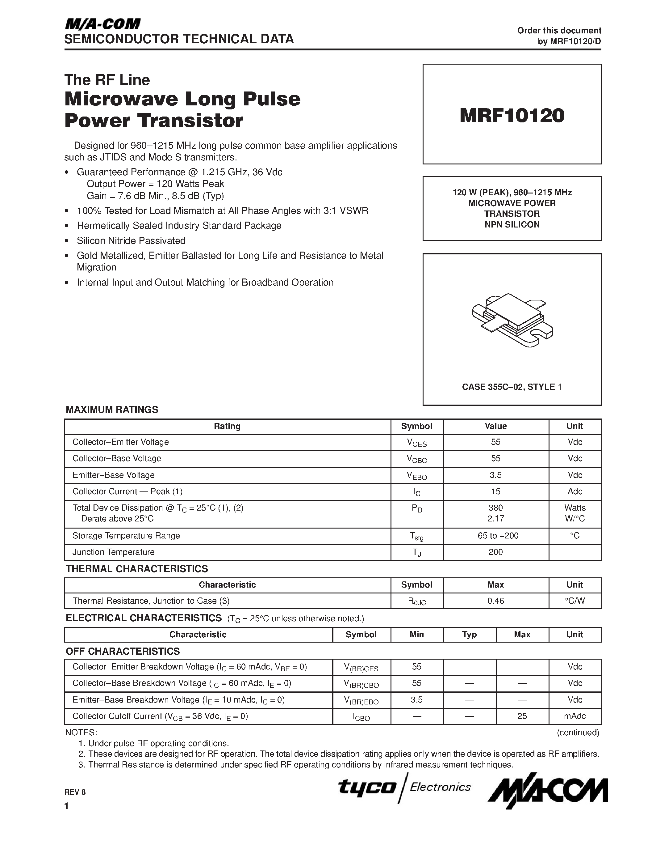 Datasheet MRF10120 page 1 Datasheet MRF10120 - MICROWAVE POWER TRANSISTORS page 1