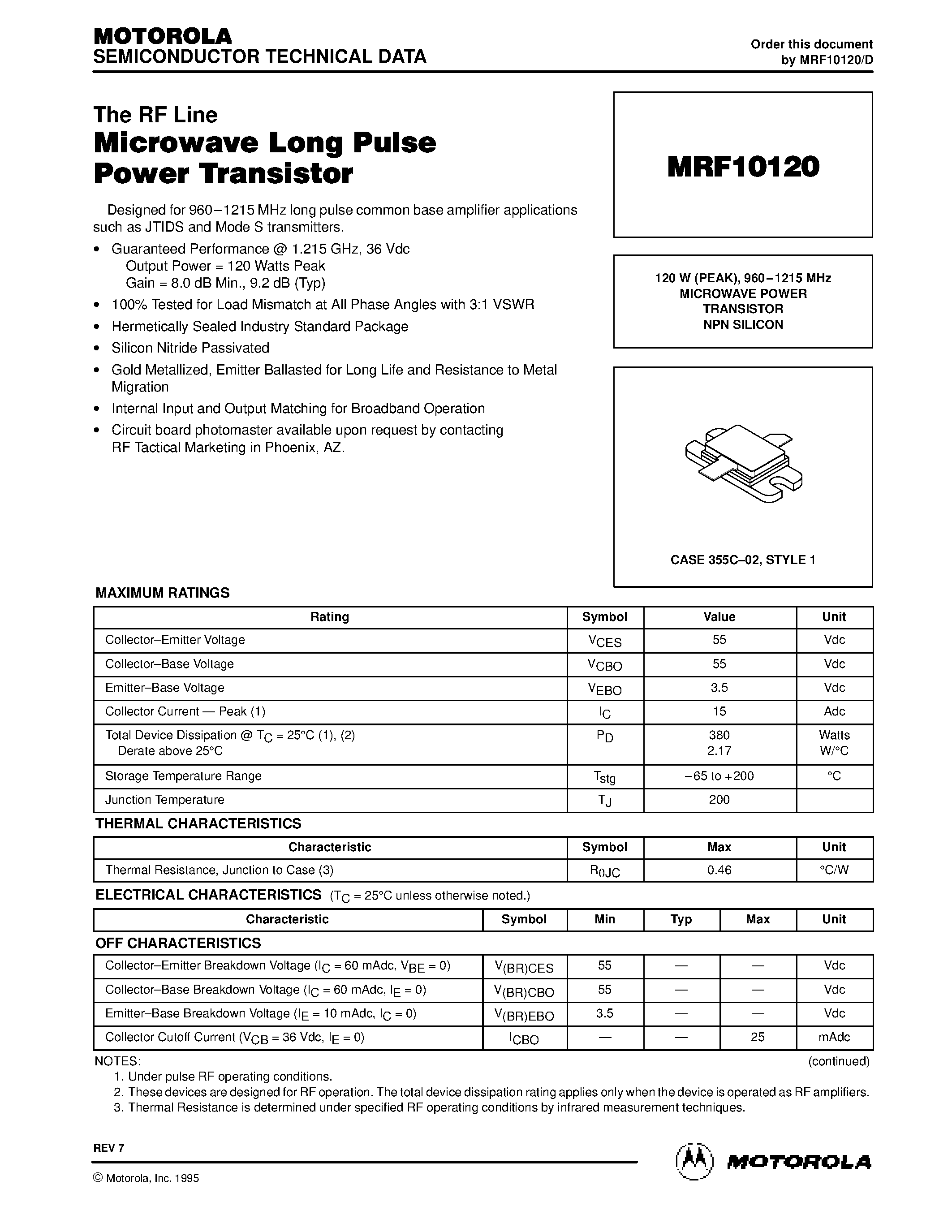 Datasheet MRF10120 page 1 Datasheet MRF10120 - MICROWAVE POWER TRANSISTORS page 1