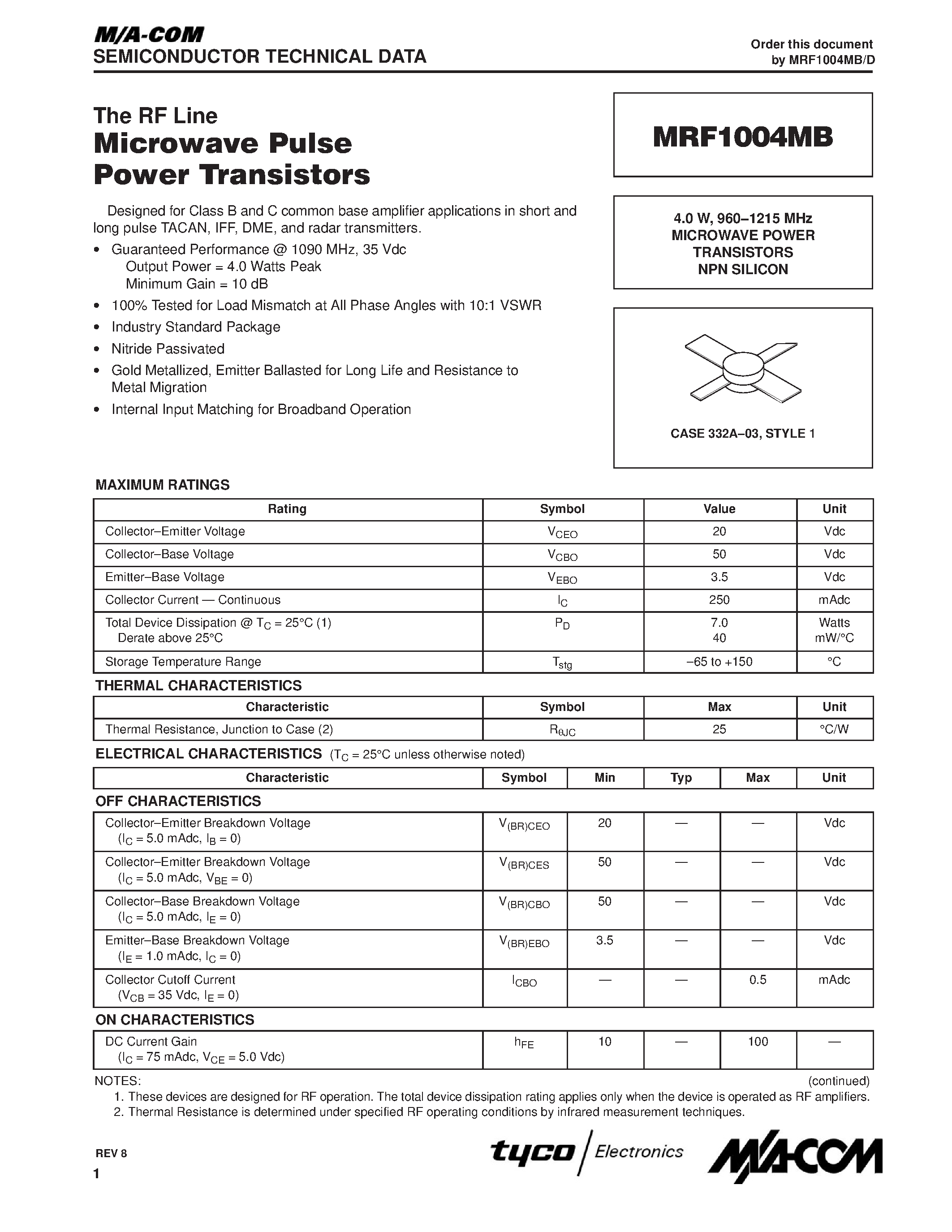 Datasheet MRF1004MB page 1 Datasheet MRF1004MB - MICROWAVE POWER TRANSISTORS NPN SILICON page 1