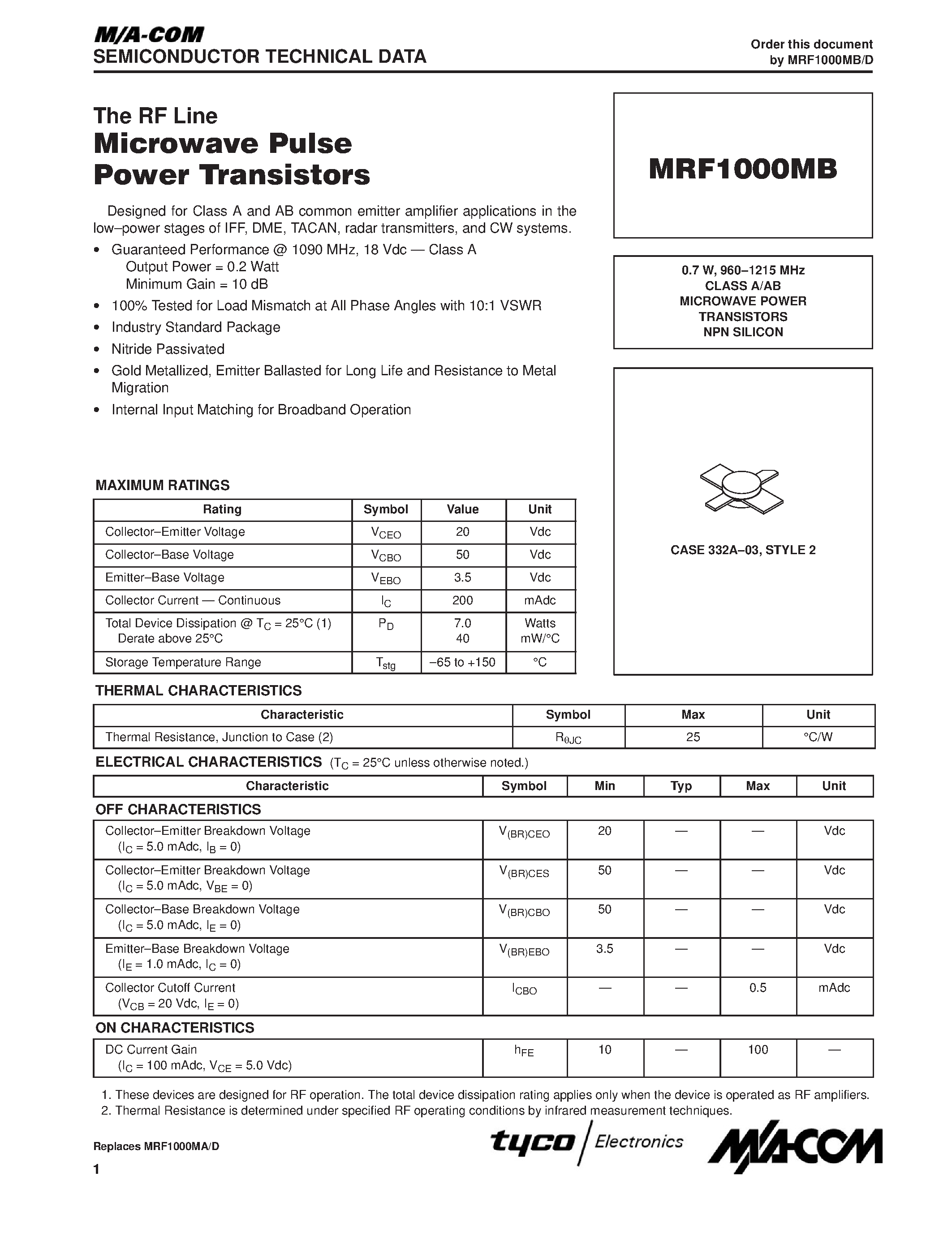 Datasheet MRF1000MB page 1 Datasheet MRF1000MB - MICROWAVE POWER TRANSISTORS NPN SILICON page 1