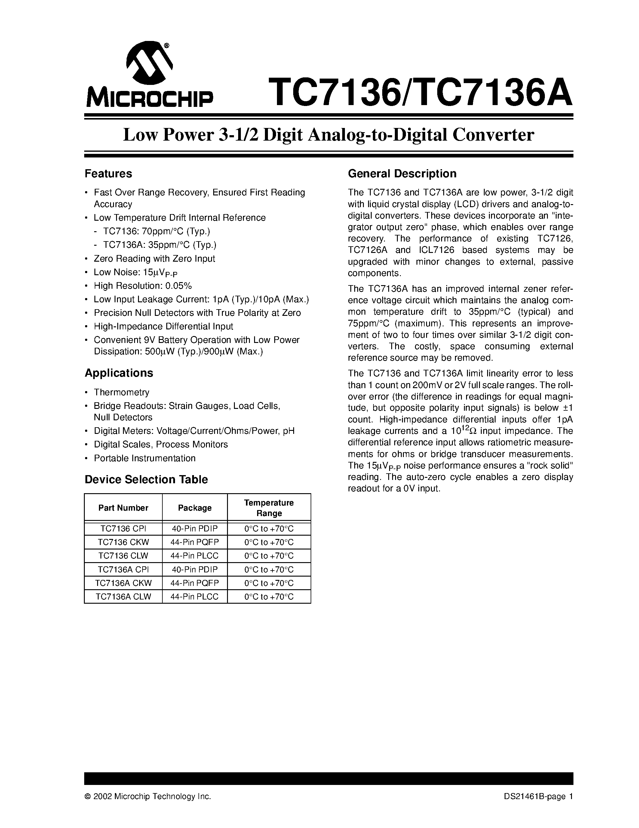 Datasheet TC7136 - Low Power 3-1/2 Digit Analog-to-Digital Converter page 1