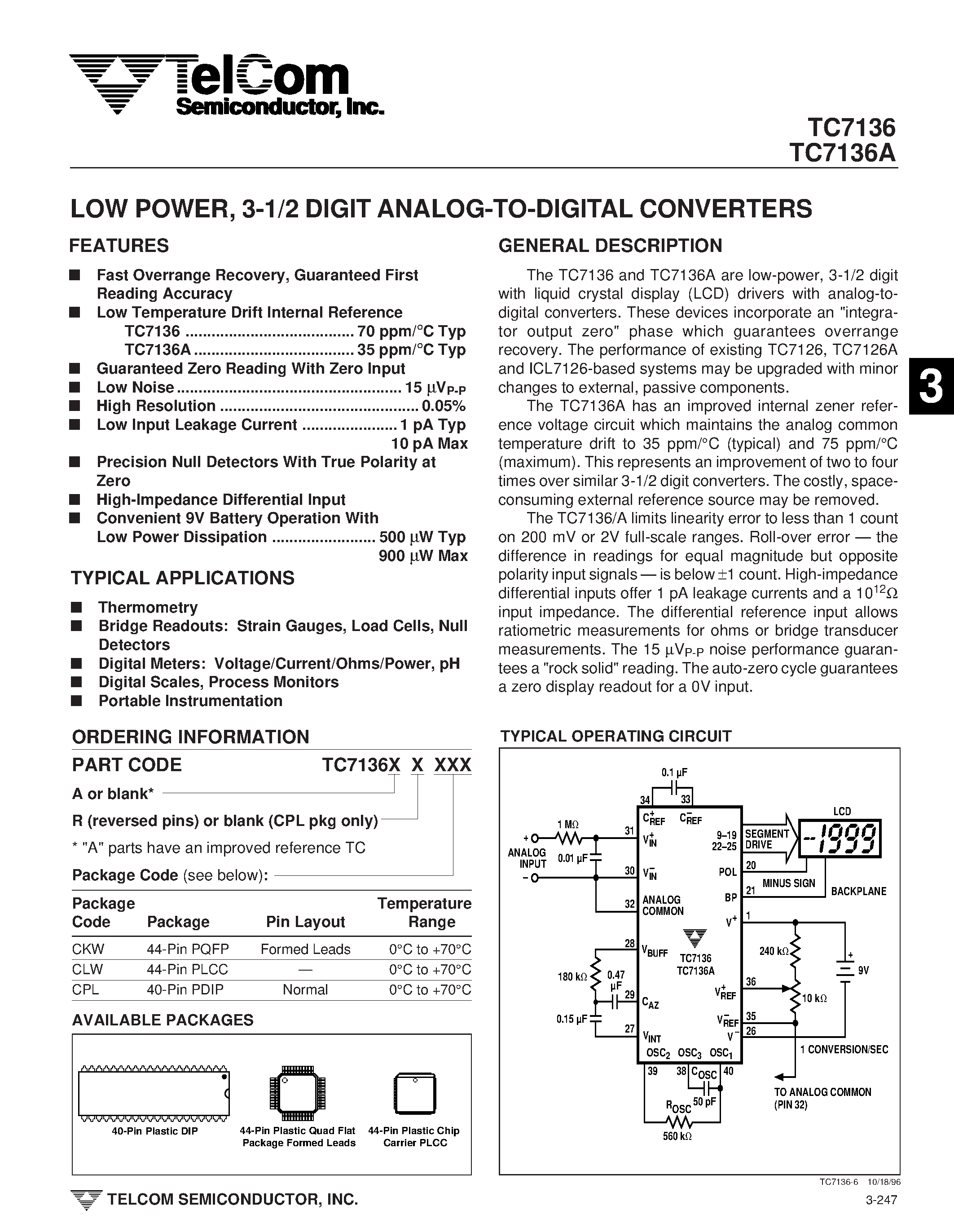 Datasheet TC7136 - LOW POWER 3-1/2 DIGIT ANALOG-TO-DIGITAL CONVERTERS page 1