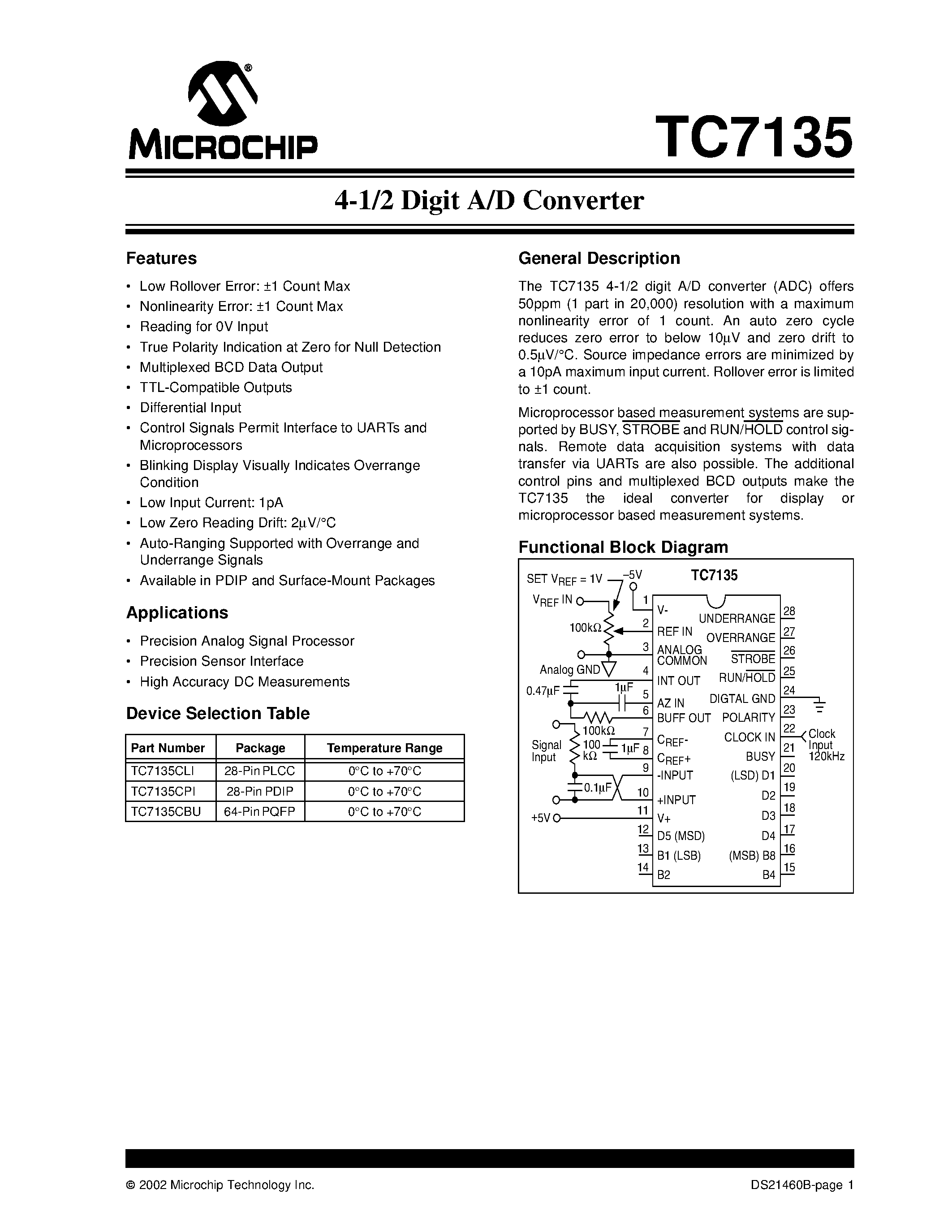 Datasheet TC7135 - 4-1/2 Digit A/D Converter page 1