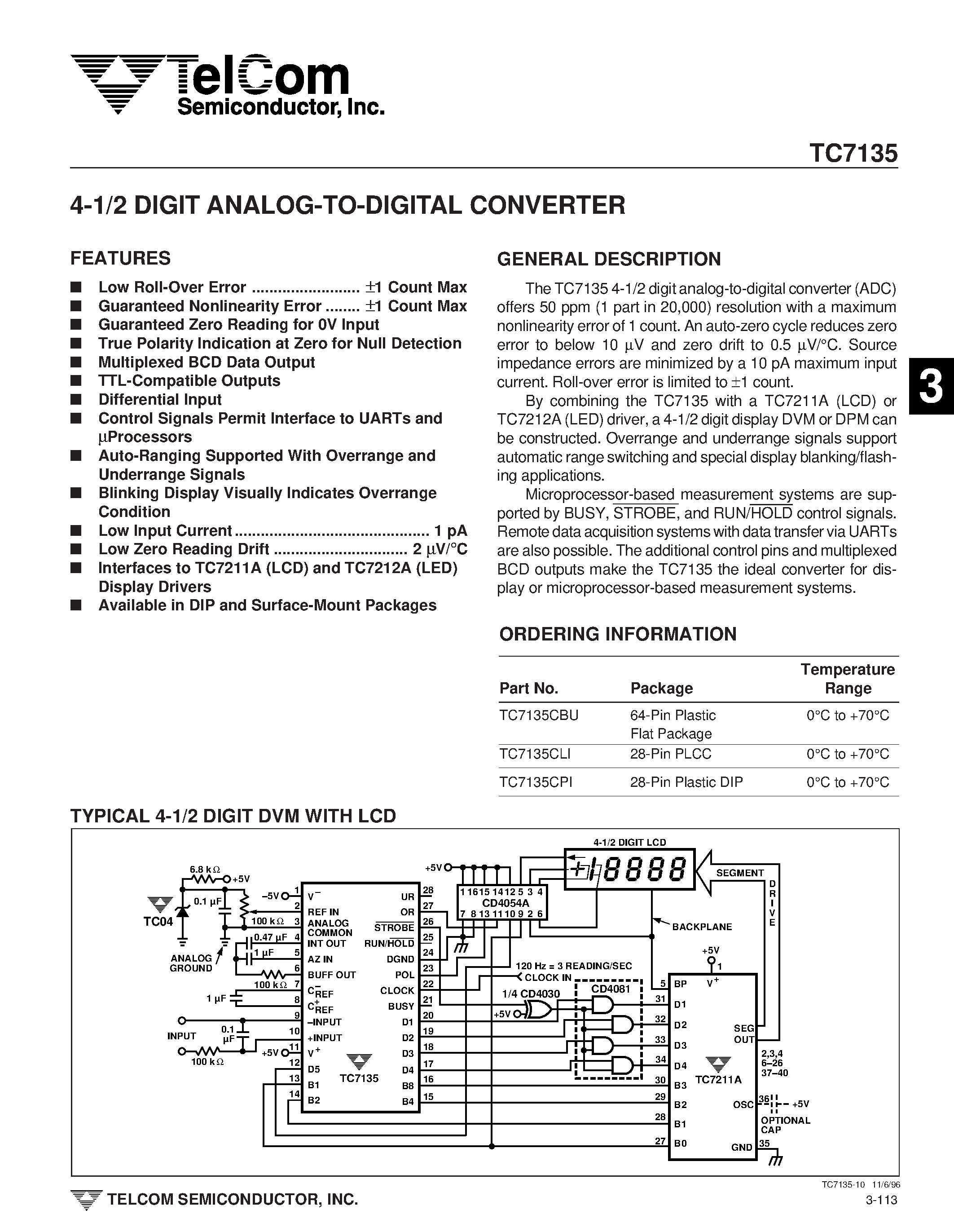Datasheet TC7135 - 4-1/2 DIGIT ANALOG-TO-DIGITAL CONVERTER page 1