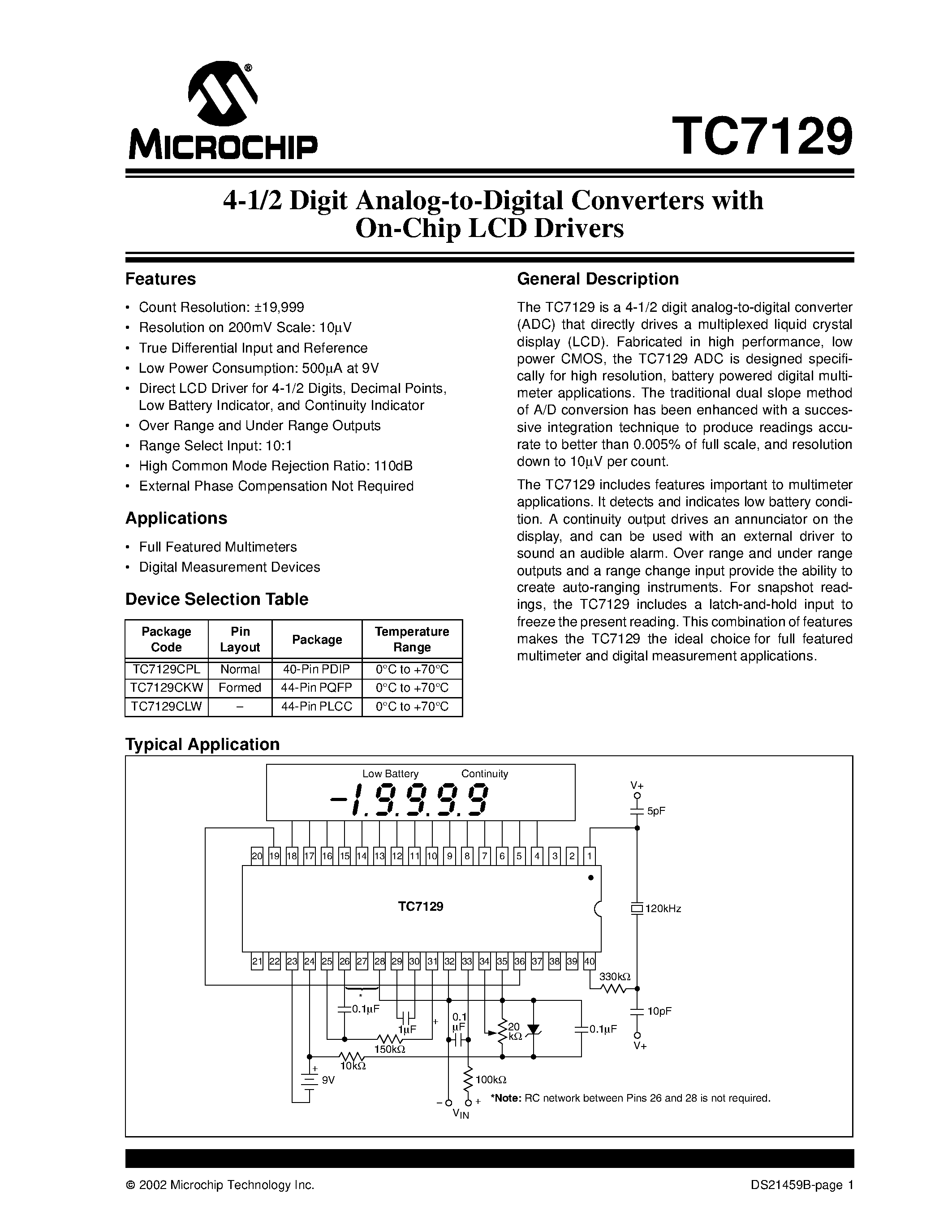Datasheet TC7129 - 4-1/2 Digit Analog-to-Digital Converters with On-Chip LCD Drivers page 1