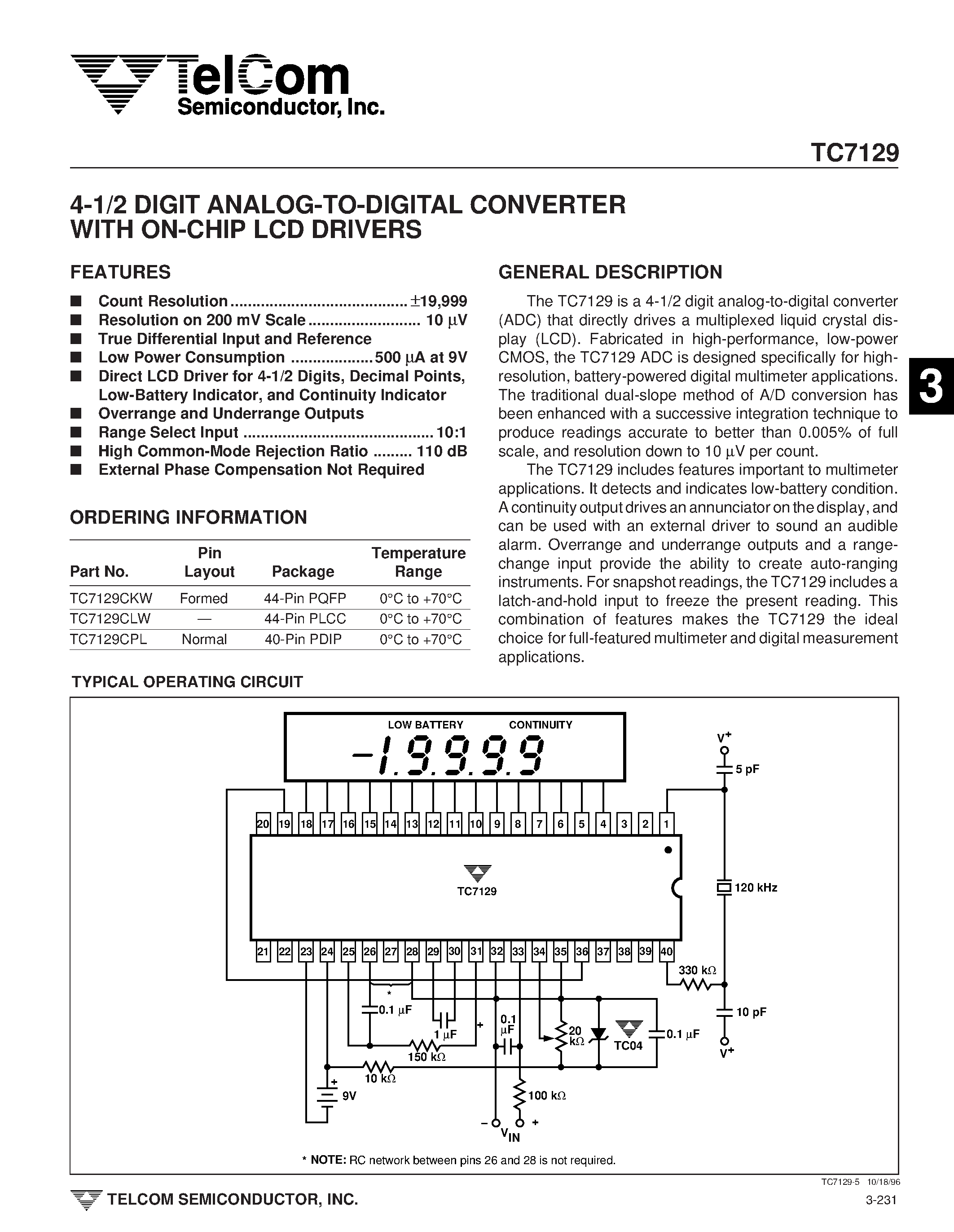 Datasheet TC7129 - 4-1/2 DIGIT ANALOG-TO-DIGITAL CONVERTER WITH ON-CHIP LCD DRIVERS page 1