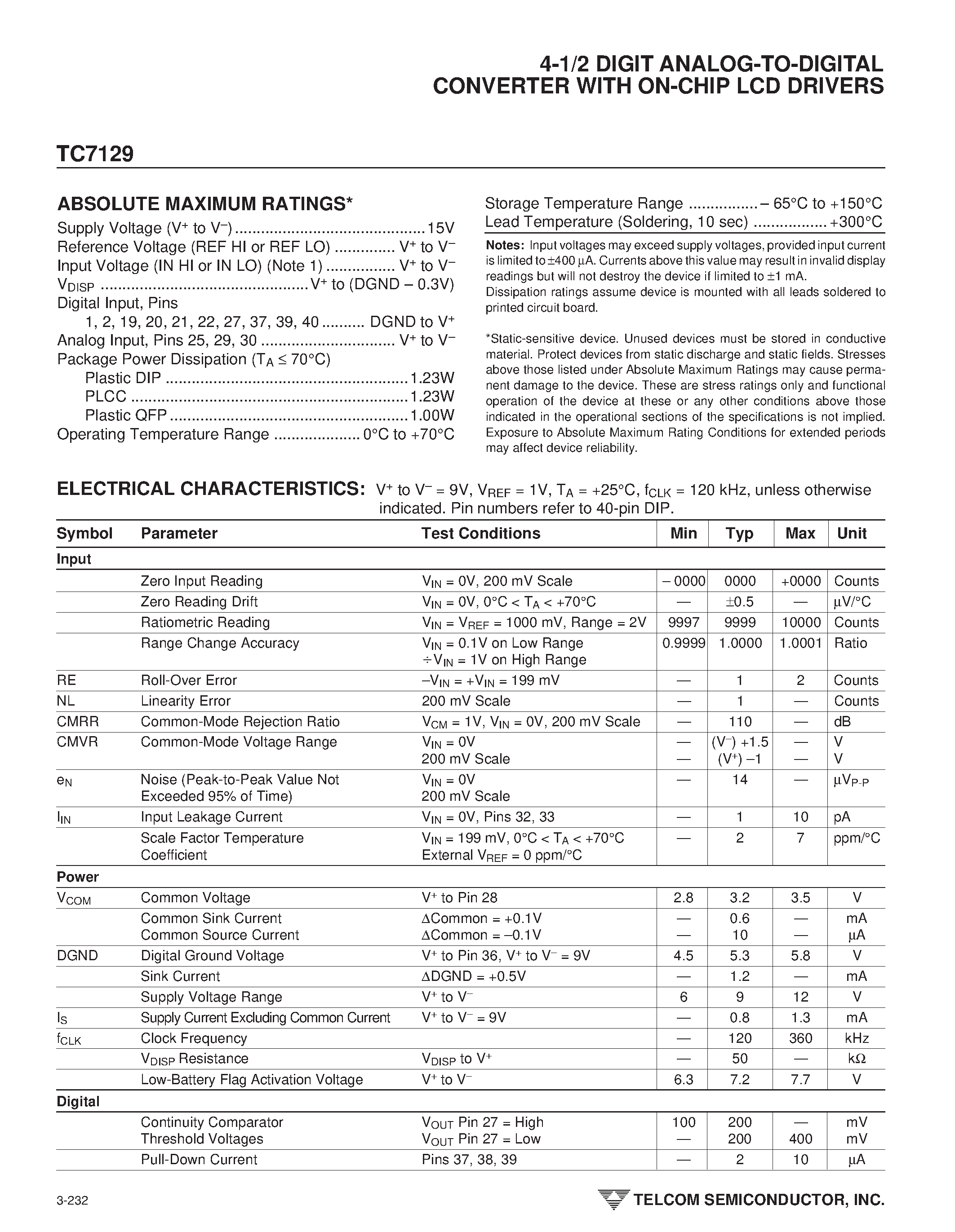 Datasheet TC7129 - 4-1/2 DIGIT ANALOG-TO-DIGITAL CONVERTER WITH ON-CHIP LCD DRIVERS page 2