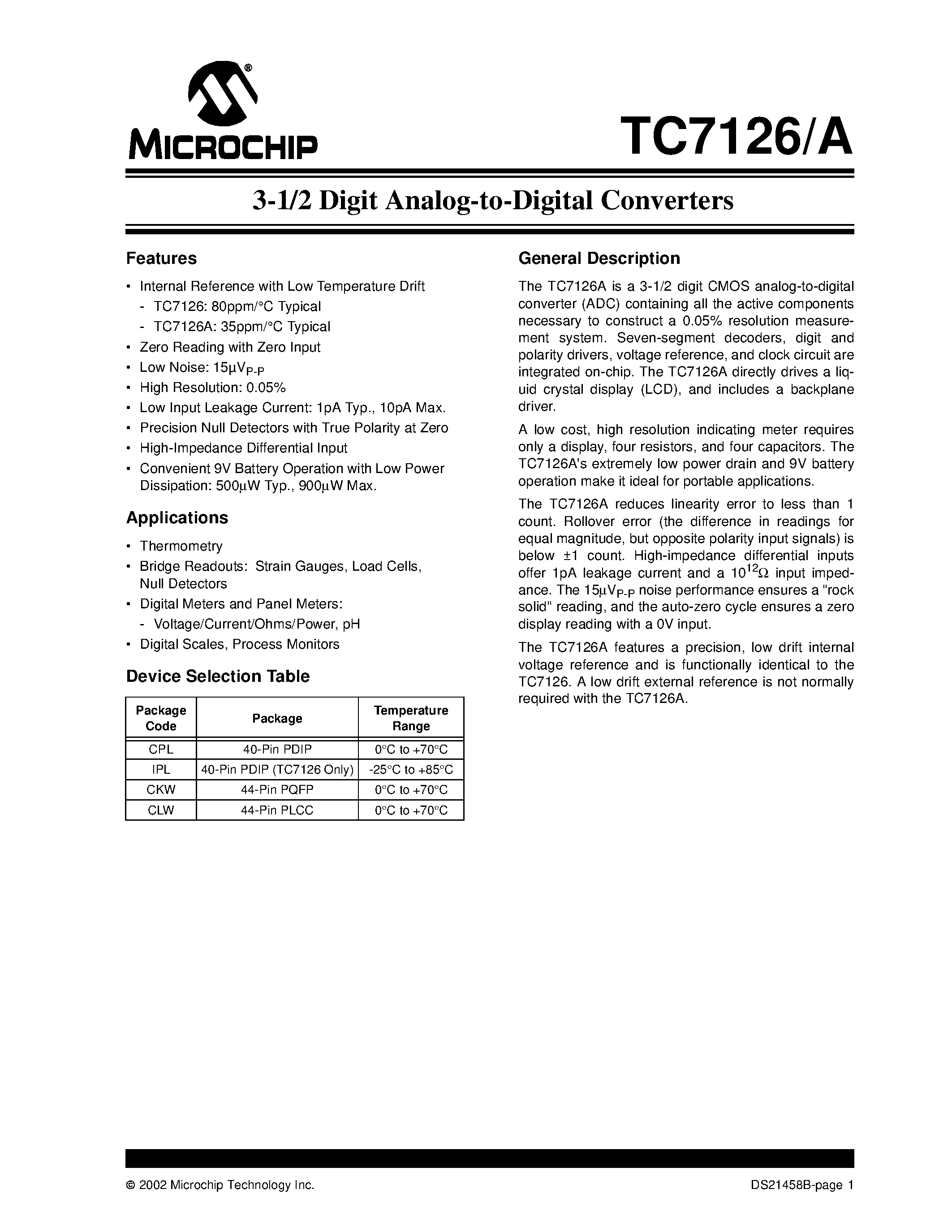 Datasheet TC7126 - 3-1/2 Digit Analog-to-Digital Converters page 1