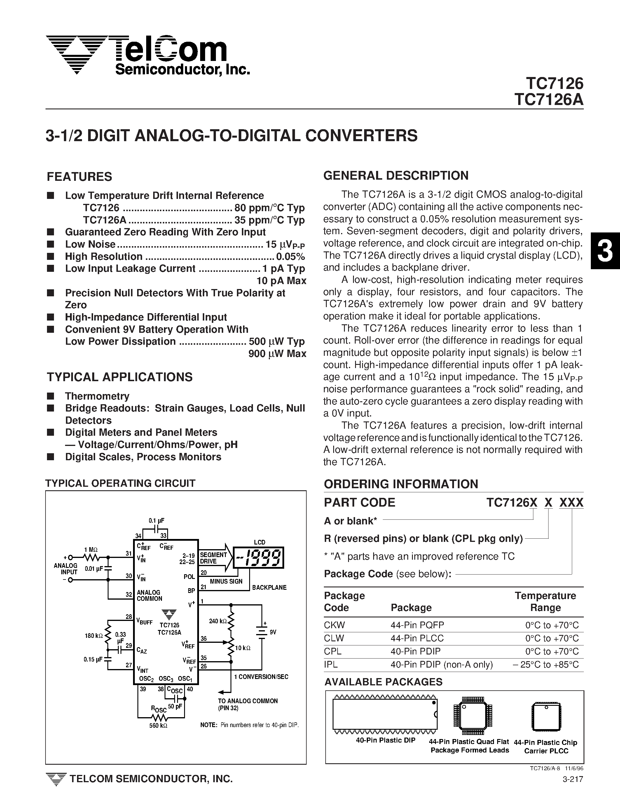 Datasheet TC7126 - 3-1/2 DIGIT ANALOG-TO-DIGITAL CONVERTERS page 1