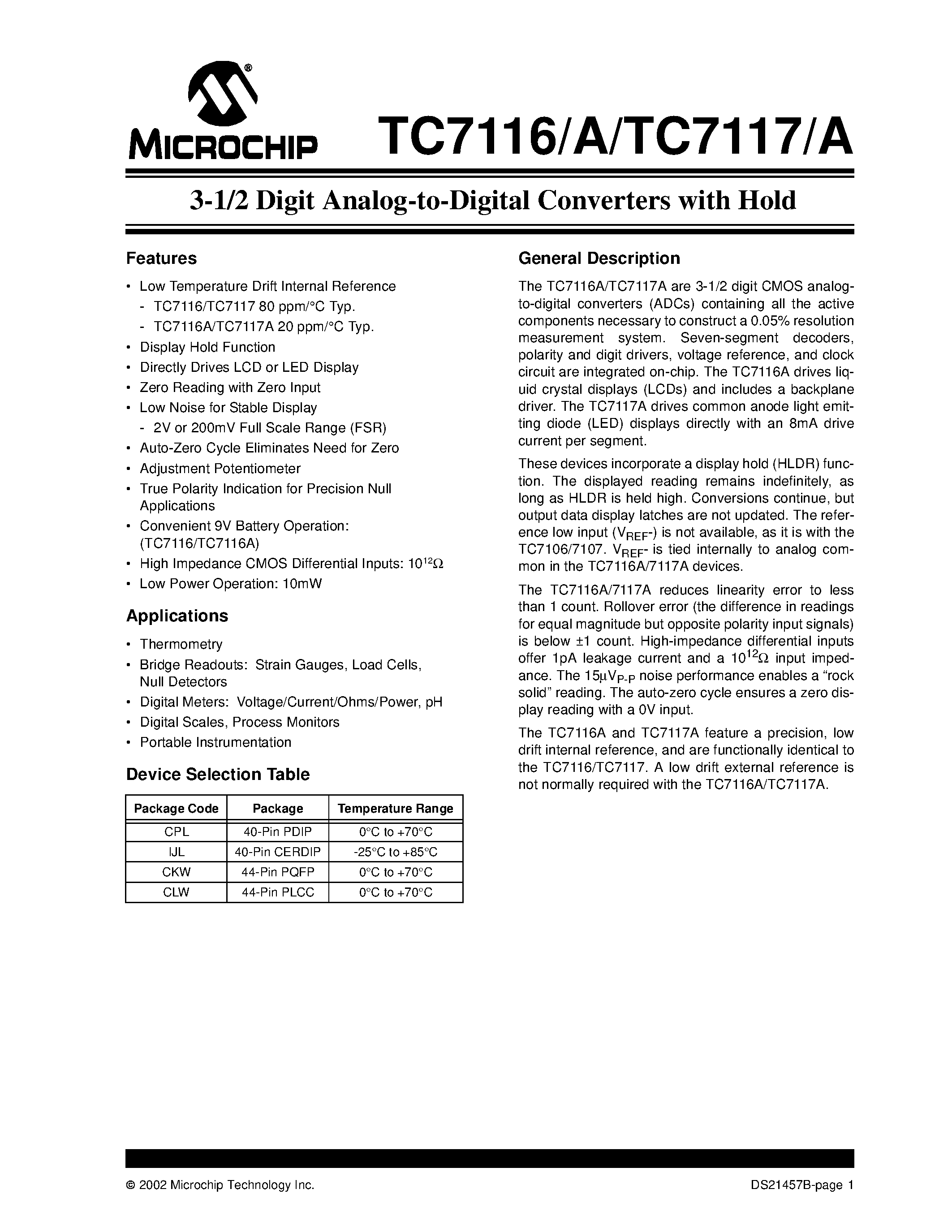Даташит на микросхему TC7116 страница 1 Даташит TC7116 - 3-1/2 Digit Analog-to-Digital Converters with Hold страница 1