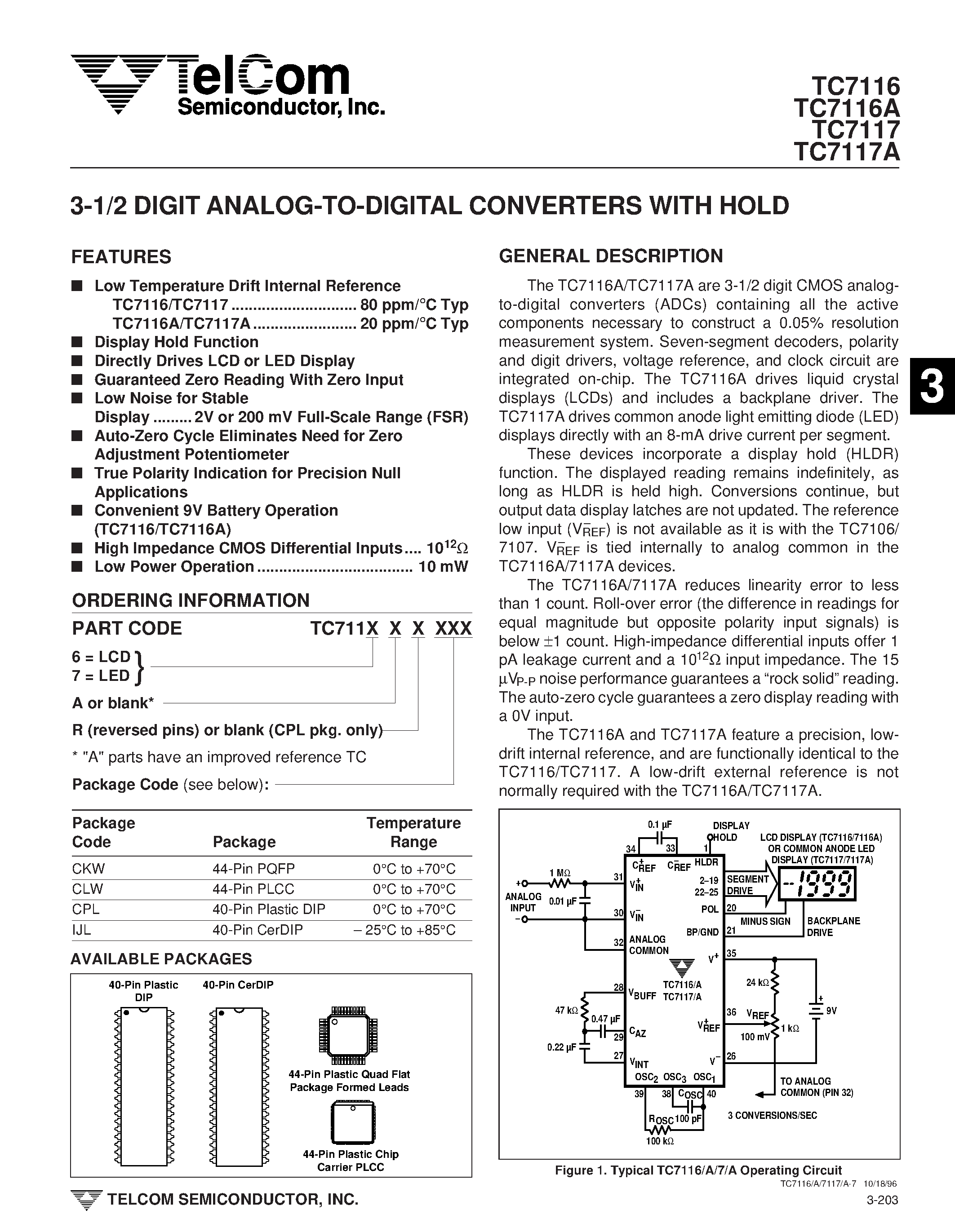 Datasheet TC7116 - 3-1/2 DIGIT ANALOG-TO-DIGITAL CONVERTERS WITH HOLD page 1
