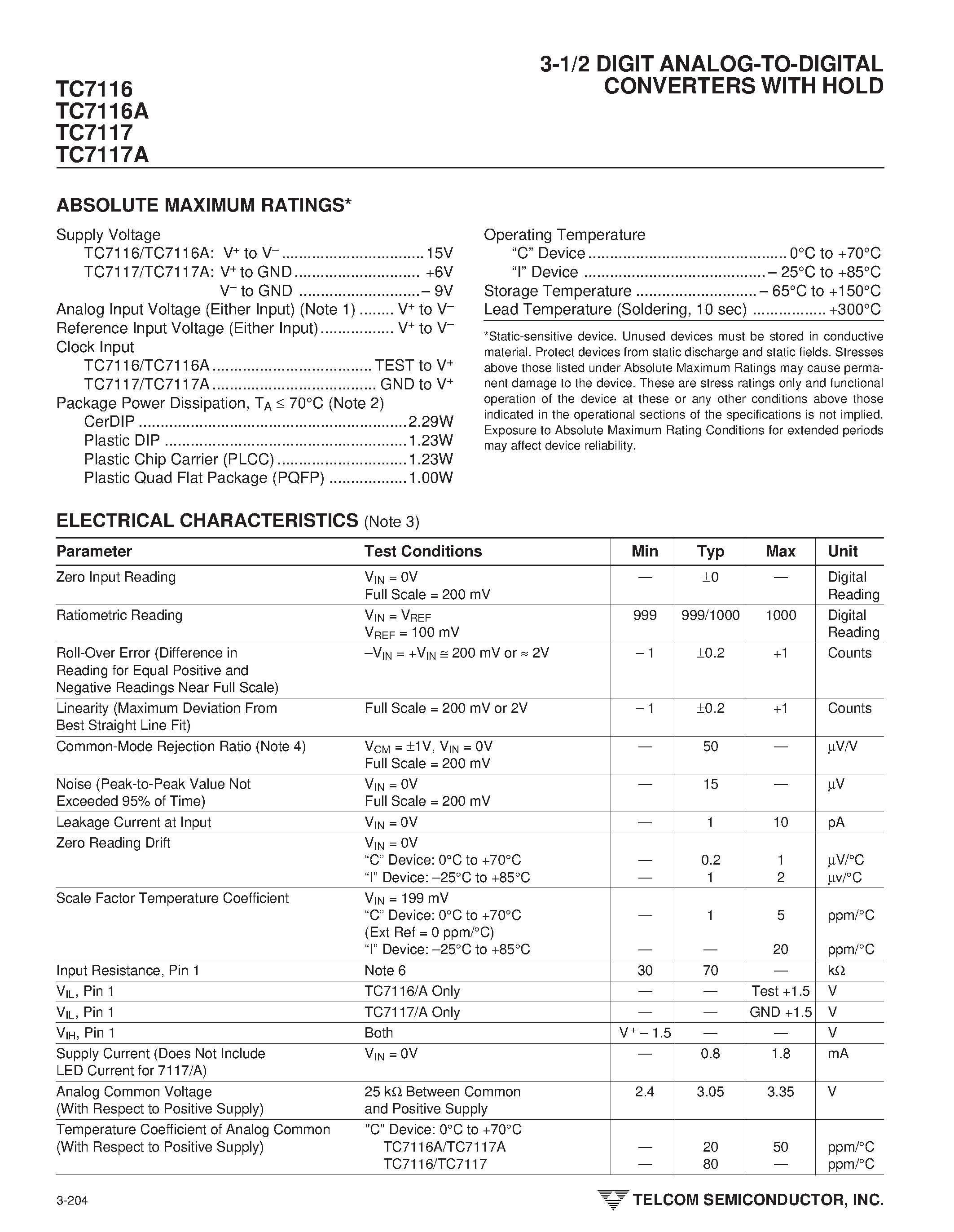 Datasheet TC7116 - 3-1/2 DIGIT ANALOG-TO-DIGITAL CONVERTERS WITH HOLD page 2
