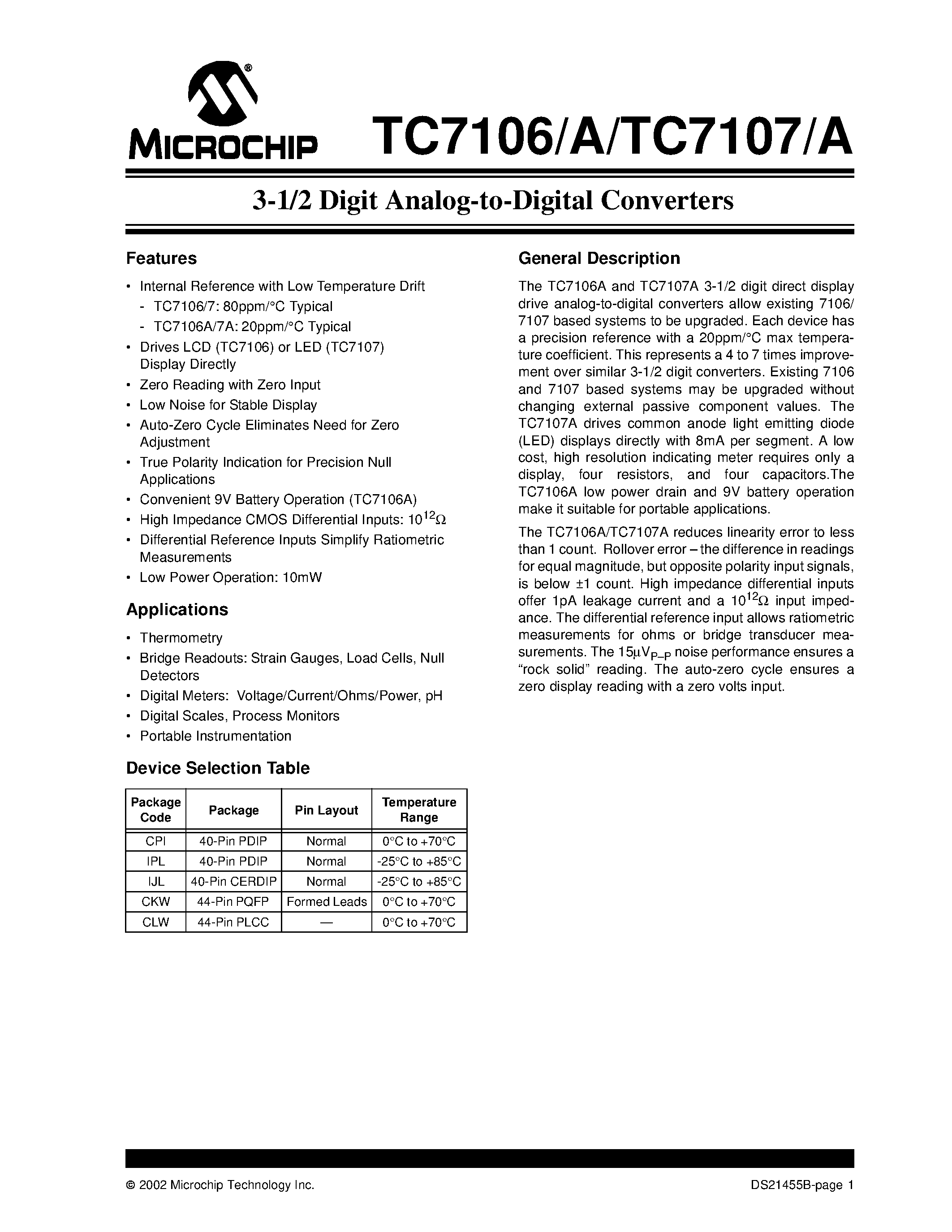 Datasheet TC7106 - 3-1/2 Digit Analog-to-Digital Converters page 1
