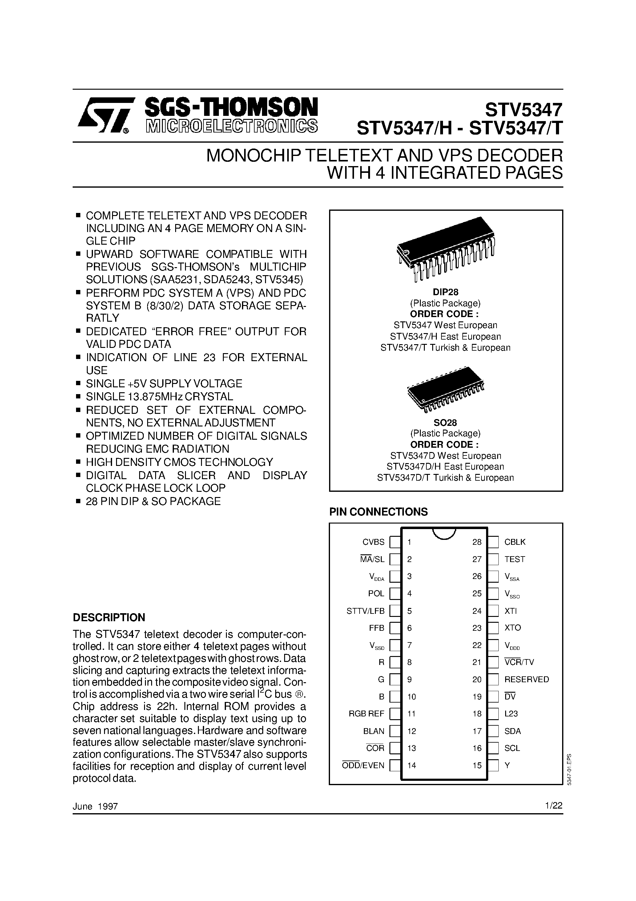 Datasheet STV5347 - MONOCHIP TELETEXT AND VPS DECODER WITH 4 INTEGRATED PAGES page 1