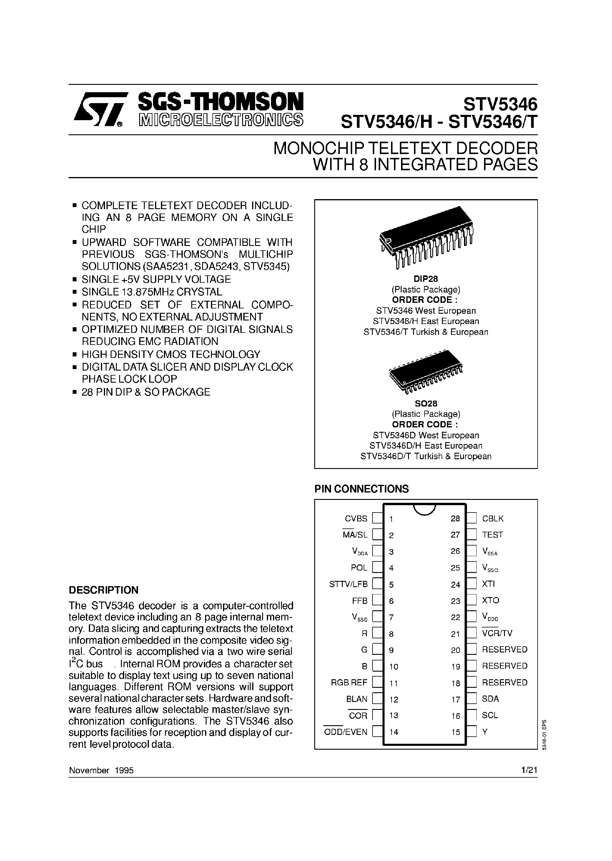 Даташит STV5346 - MONOCHIP TELETEXT AND VPS DECODER WITH 8 INTEGRATED PAGES страница 1