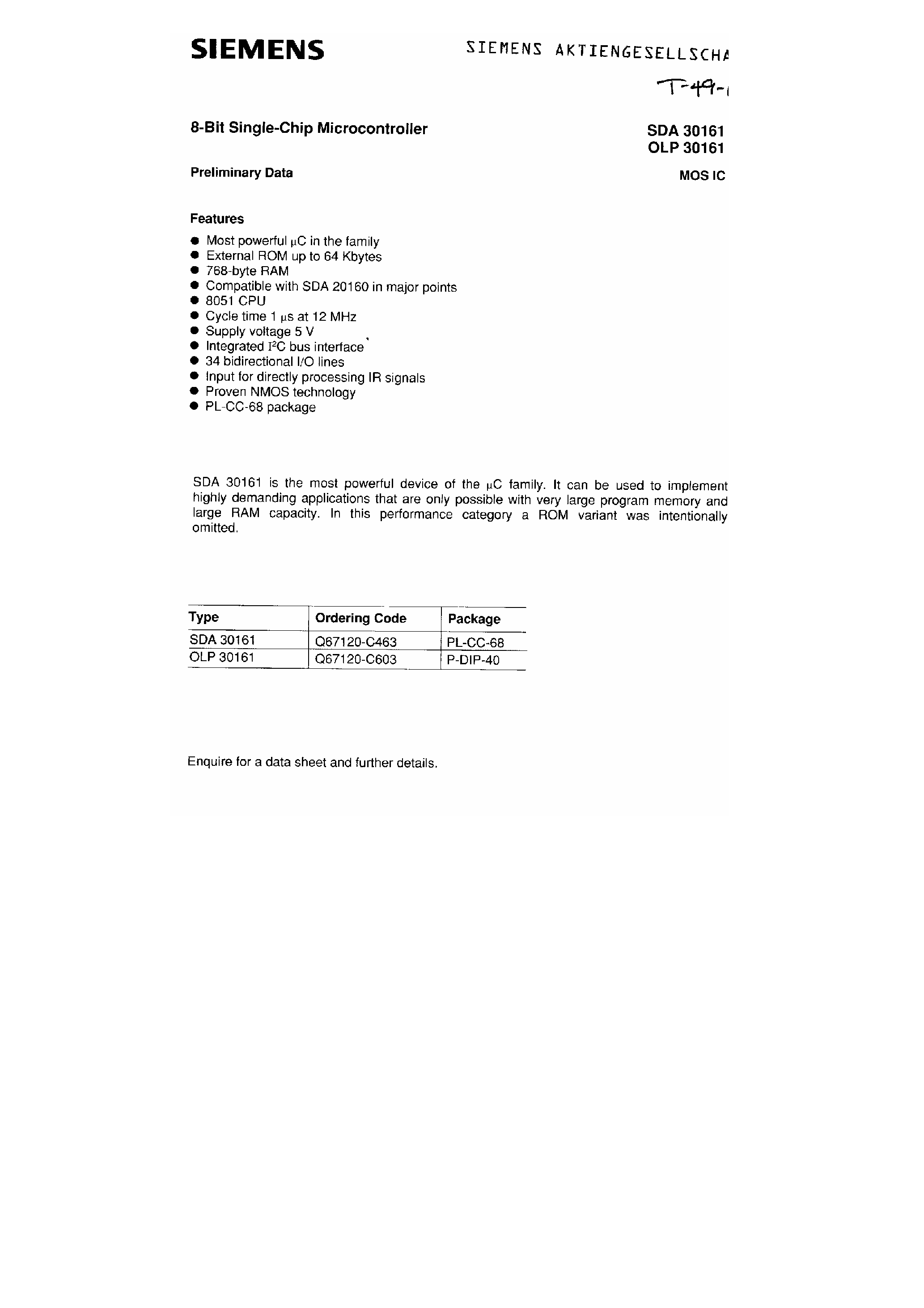 Даташит SDA30161 - 8 Bit Microcpntroller страница 1