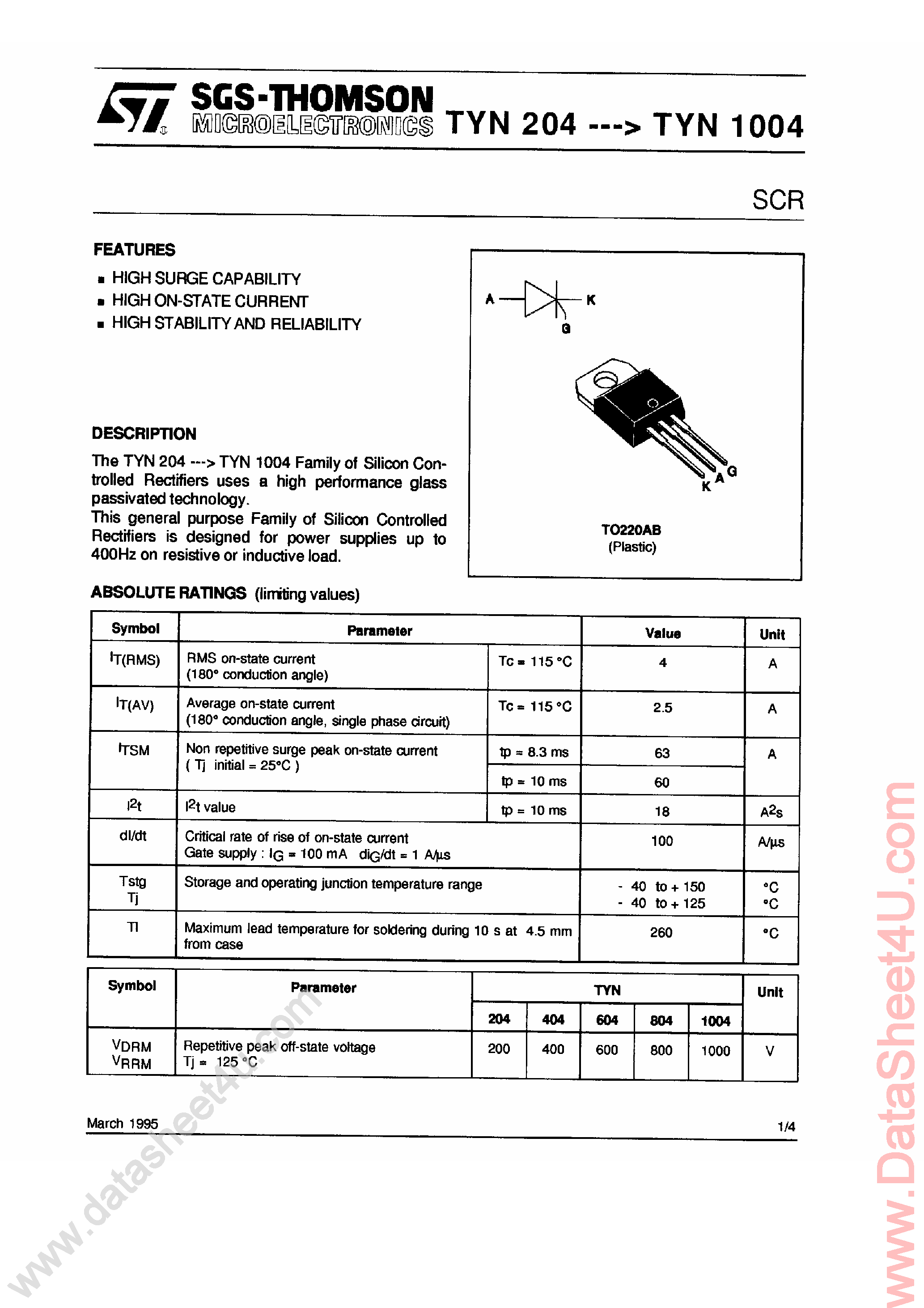 Даташит на микросхему TYN604 страница 1 Даташит TYN604 - SCR страница 1