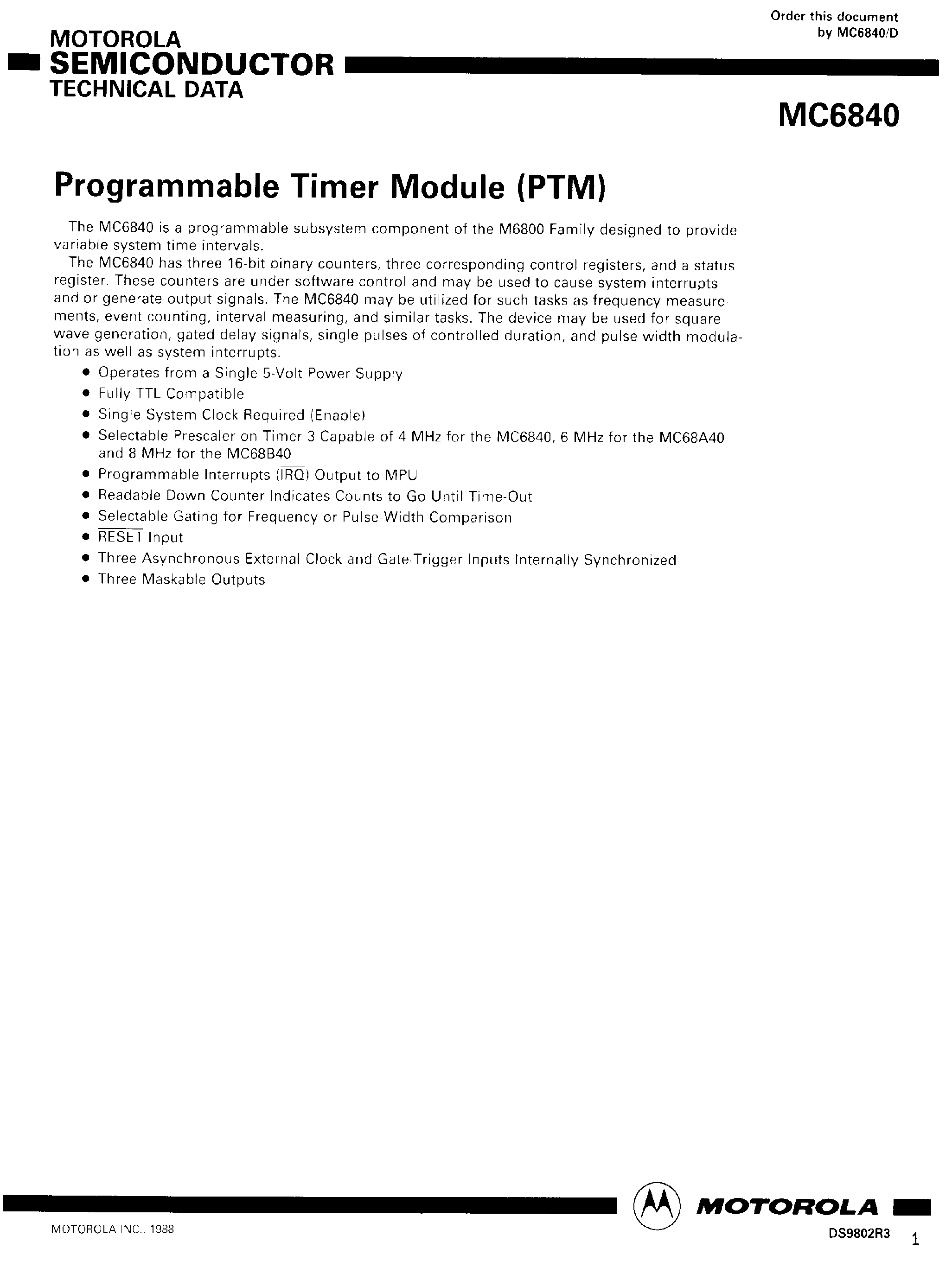 Datasheet MC68B40 page 1 Datasheet MC68B40 - Programmable Timer Module page 1