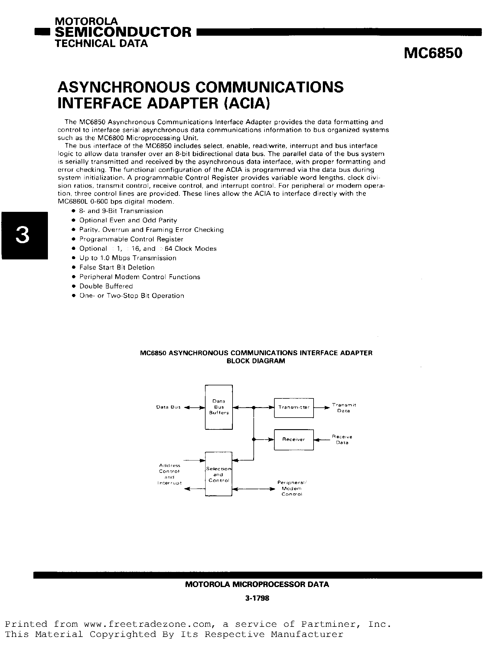Datasheet MC68B50 page 1 Datasheet MC68B50 - Asynchronous Communications Interface Adapter page 1