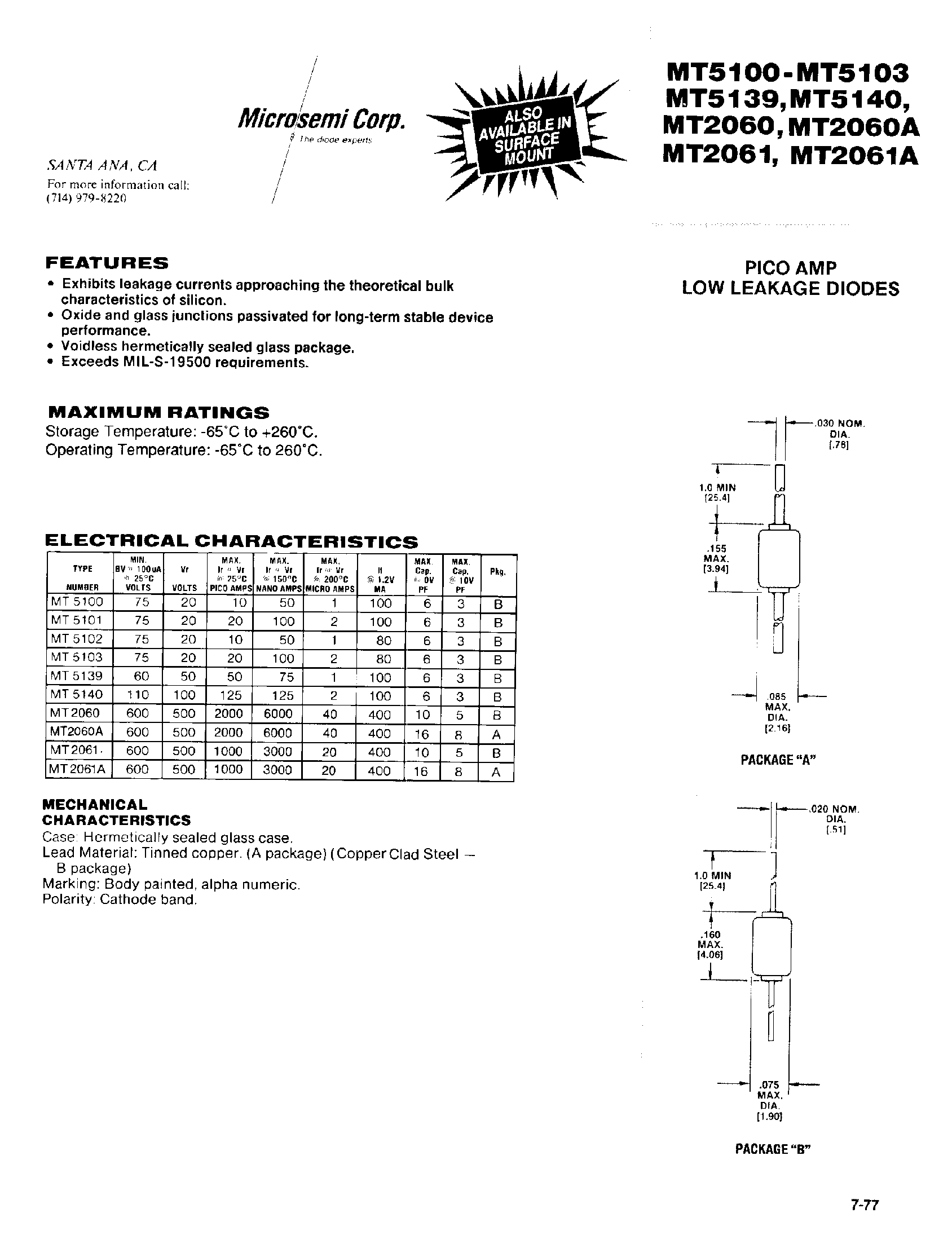 Даташит MT51xx - PICO AMP LOW LEAKAGE DIODES страница 1