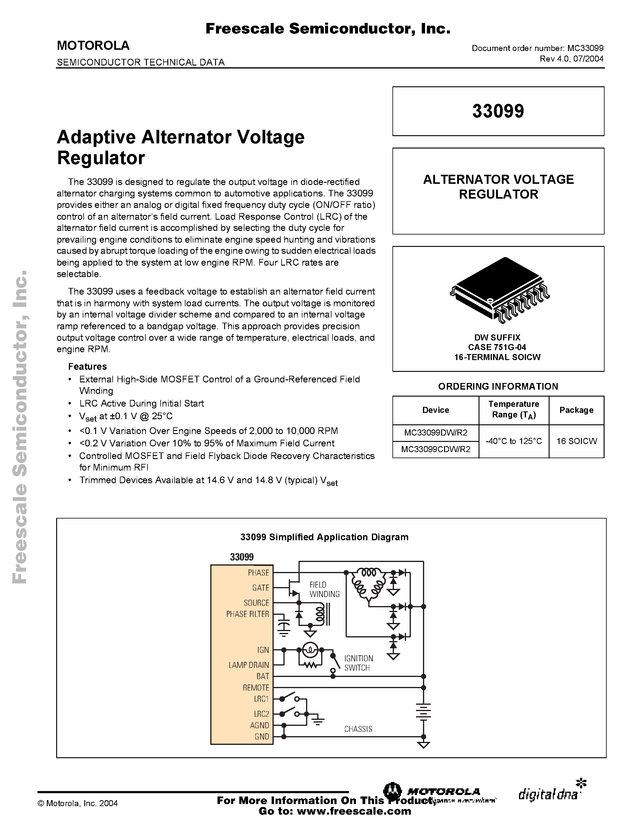 Даташит на микросхему MC33099 страница 1 Даташит MC33099 - Adaptive Alternator Voltage Regulator страница 1