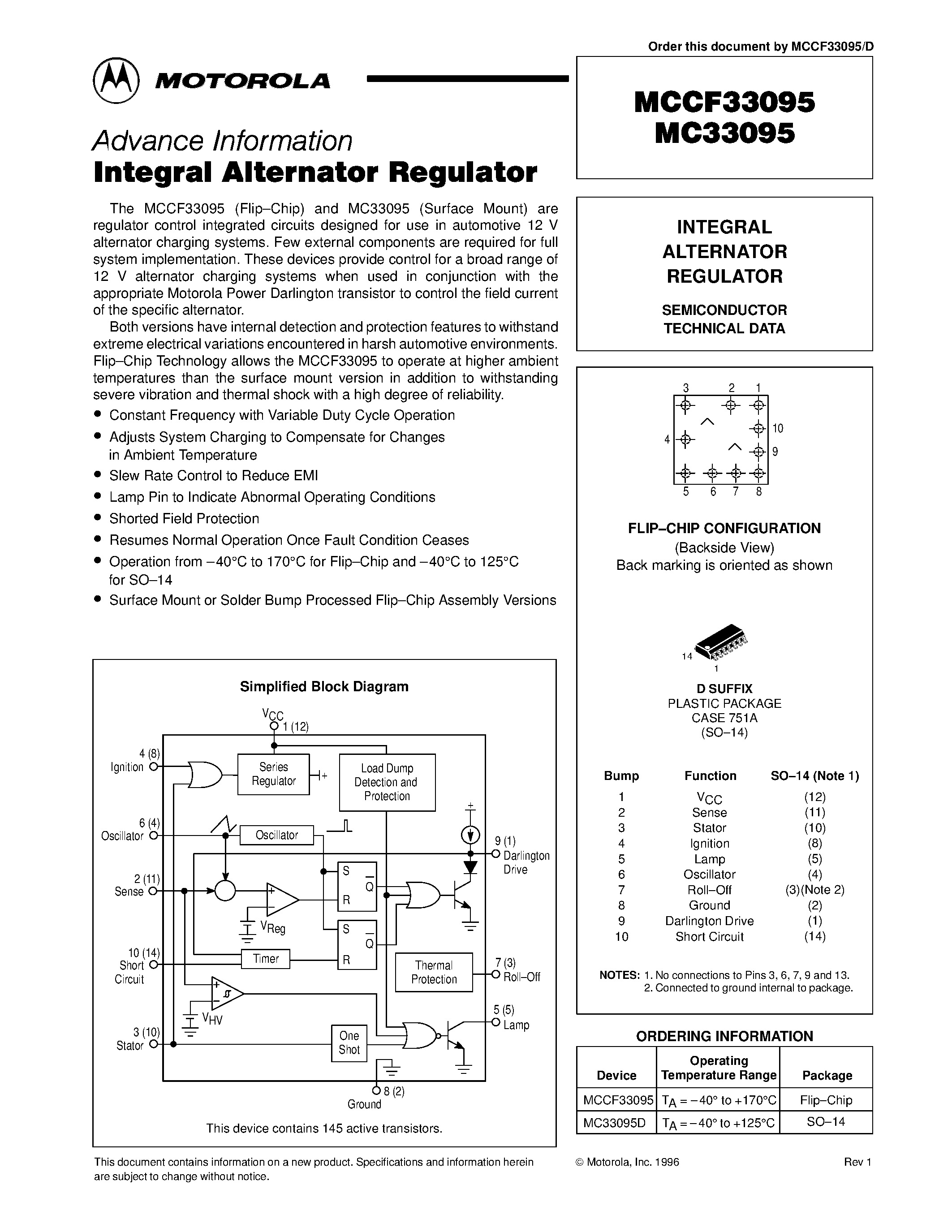 Даташит MC33095 - INTEGRAL ALTERNATOR REGULATOR страница 1
