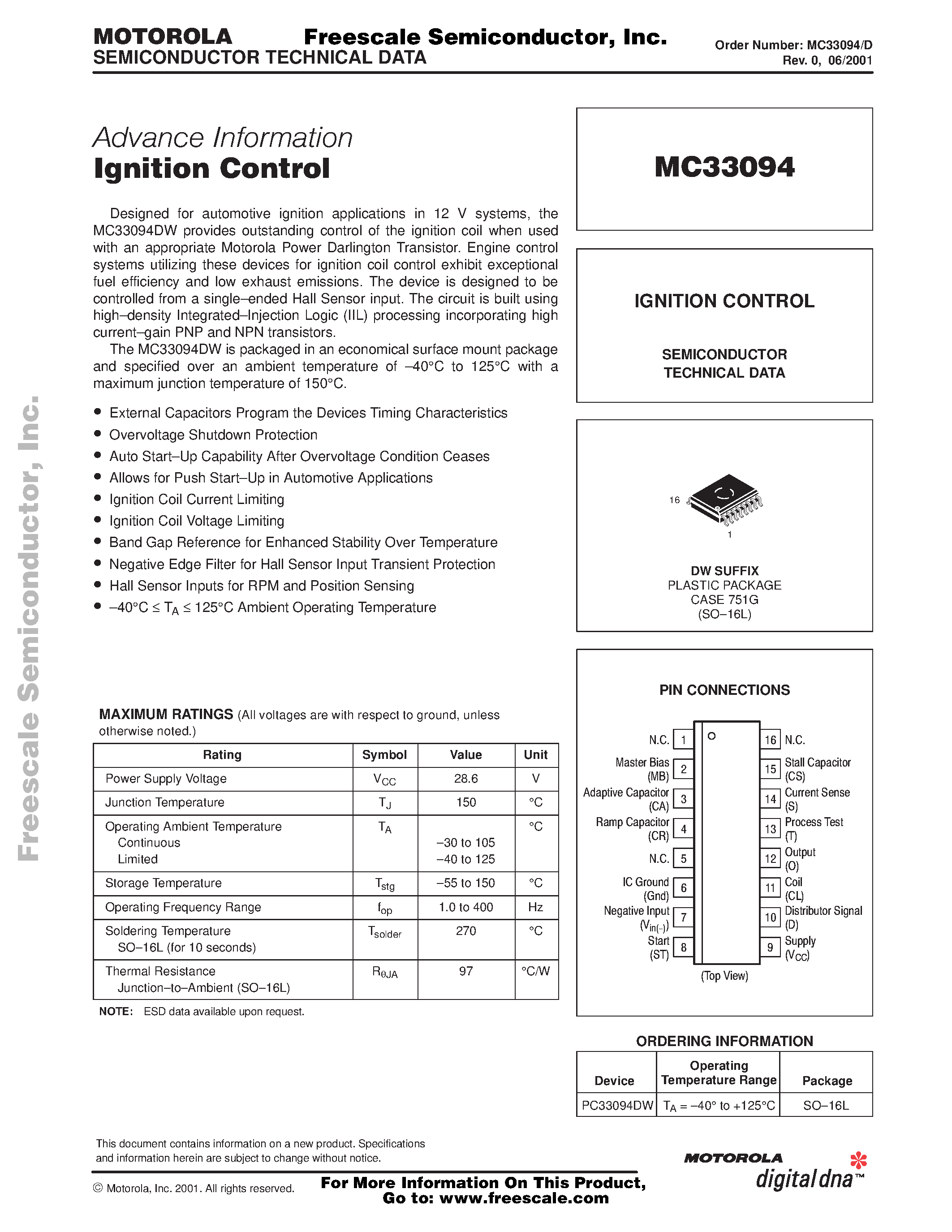 Даташит на микросхему MC33094 страница 1 Даташит MC33094 - IGNITION CONTROL страница 1