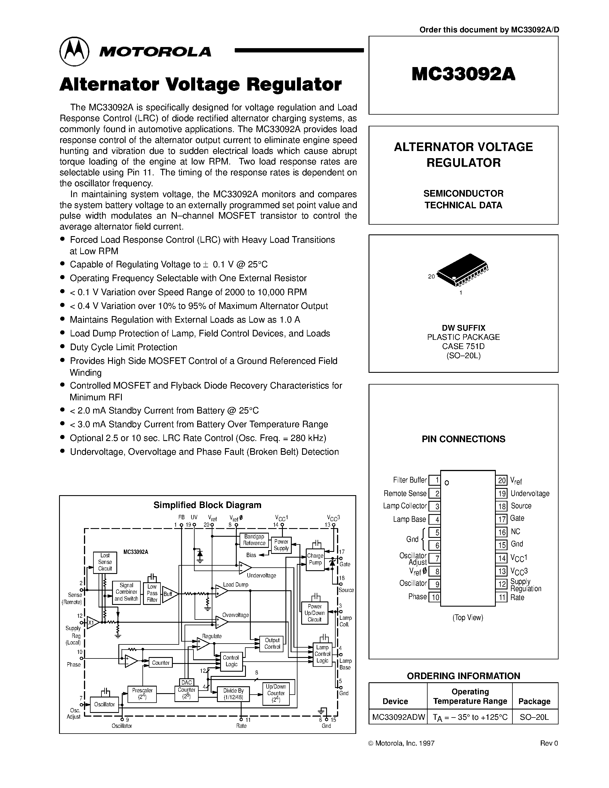 Даташит на микросхему MC33092A страница 1 Даташит MC33092A - ALTERNATOR VOLTAGE REGULATOR страница 1