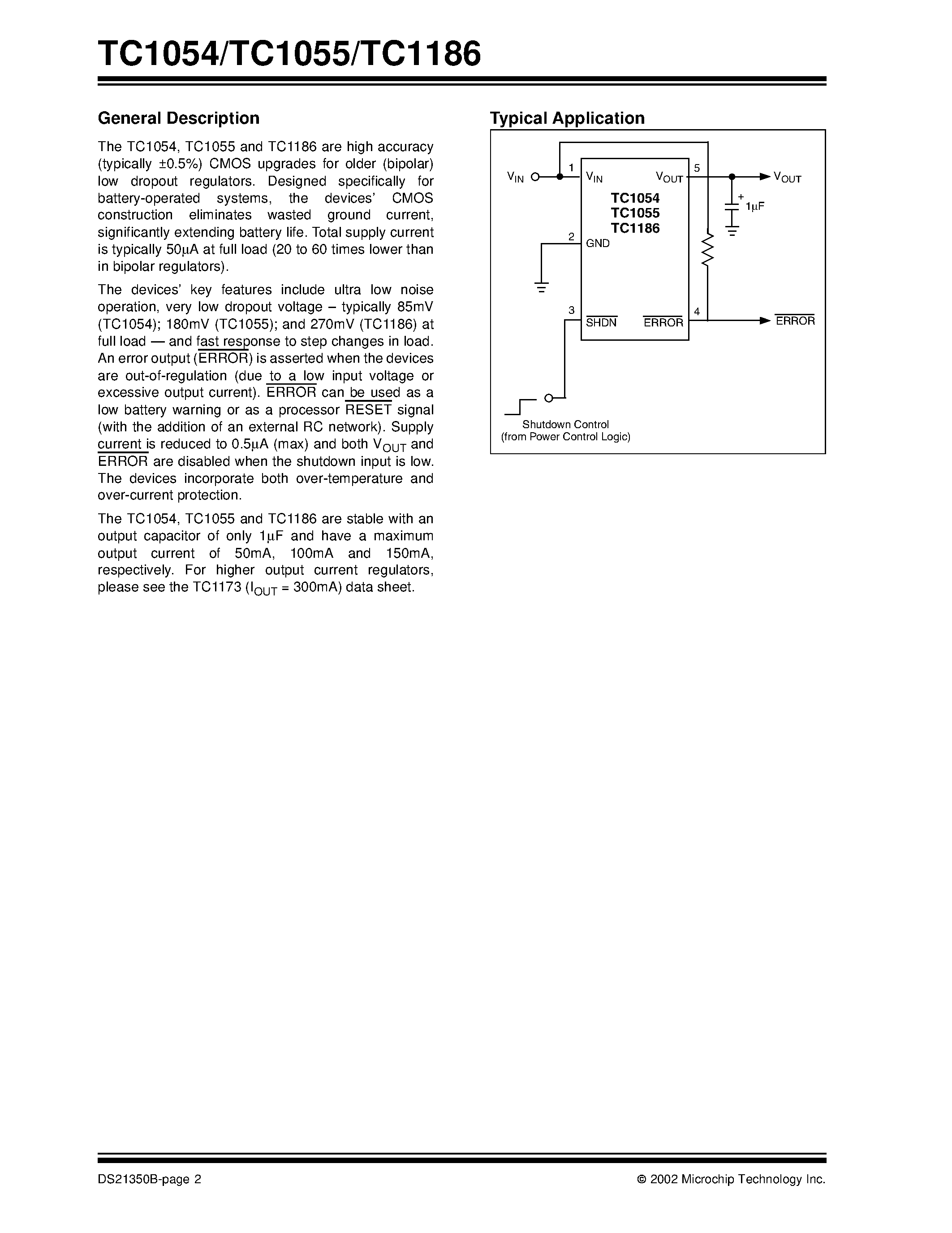Datasheet TC1186 - CMOS LDOs with Shutdown and ERROR Output page 2