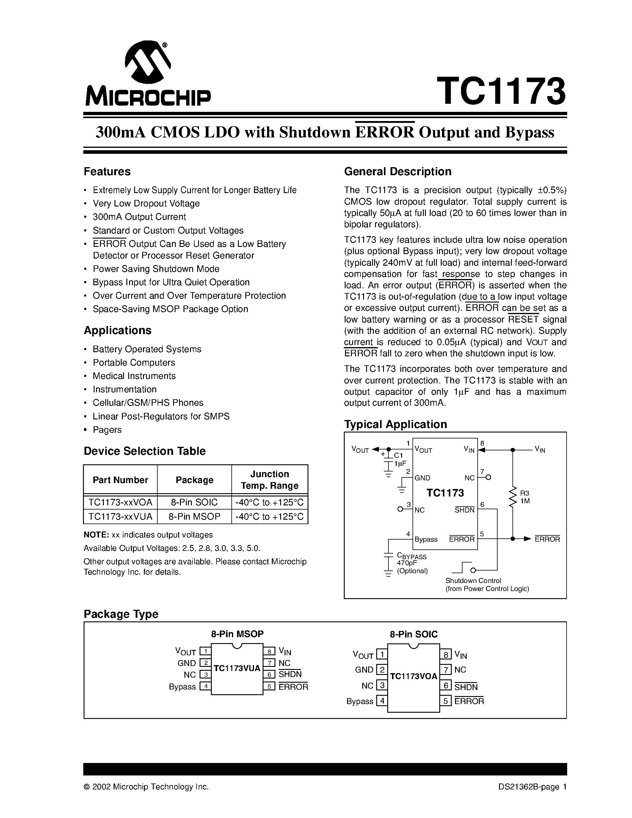 Datasheet TC1173 page 1 Datasheet TC1173 - 300mA CMOS LDO with Shutdown ERROR output and Bypass page 1