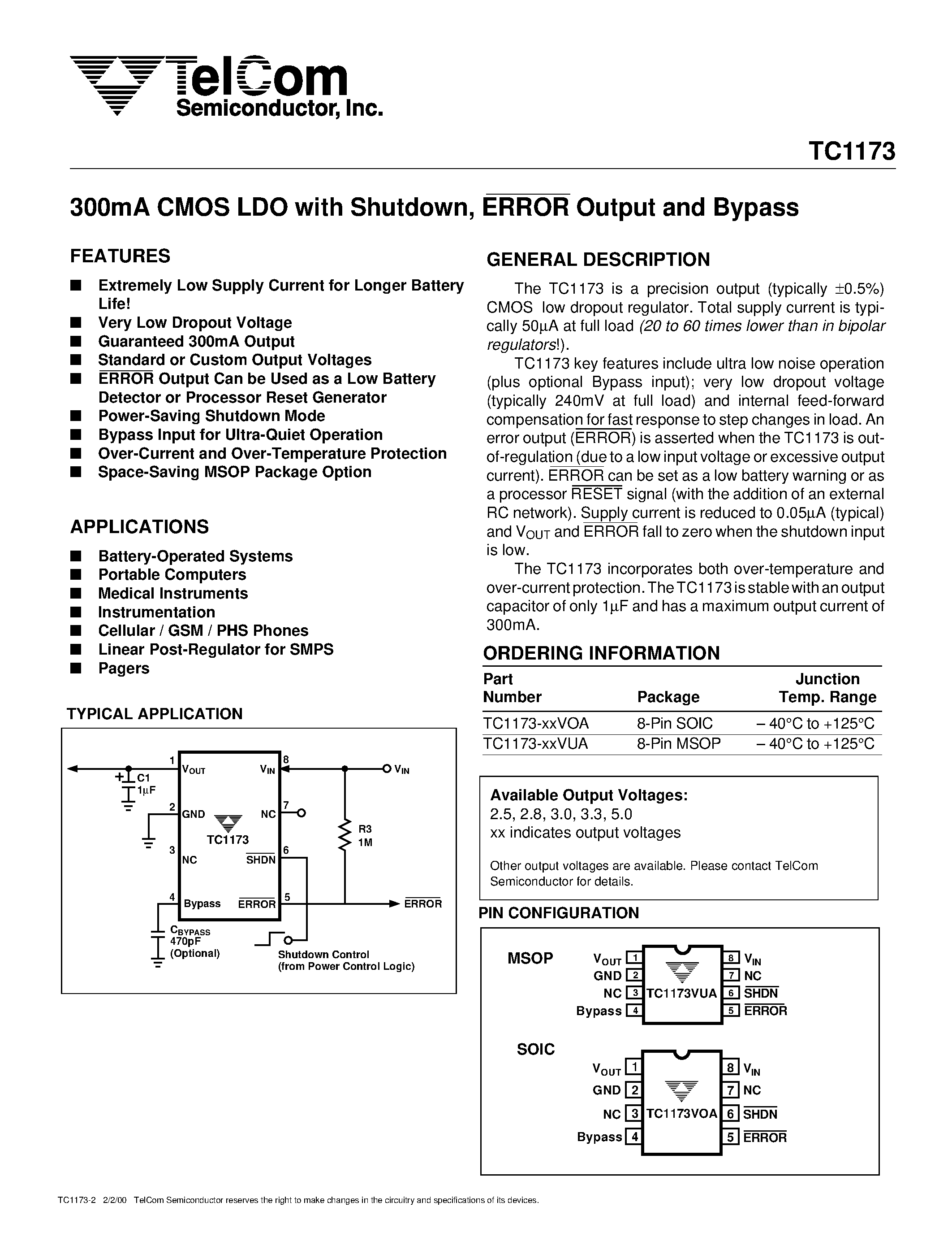 Datasheet TC1173 page 1 Datasheet TC1173 - 300mA CMOS LDO with Shutdown ERROR Output and Bypass page 1