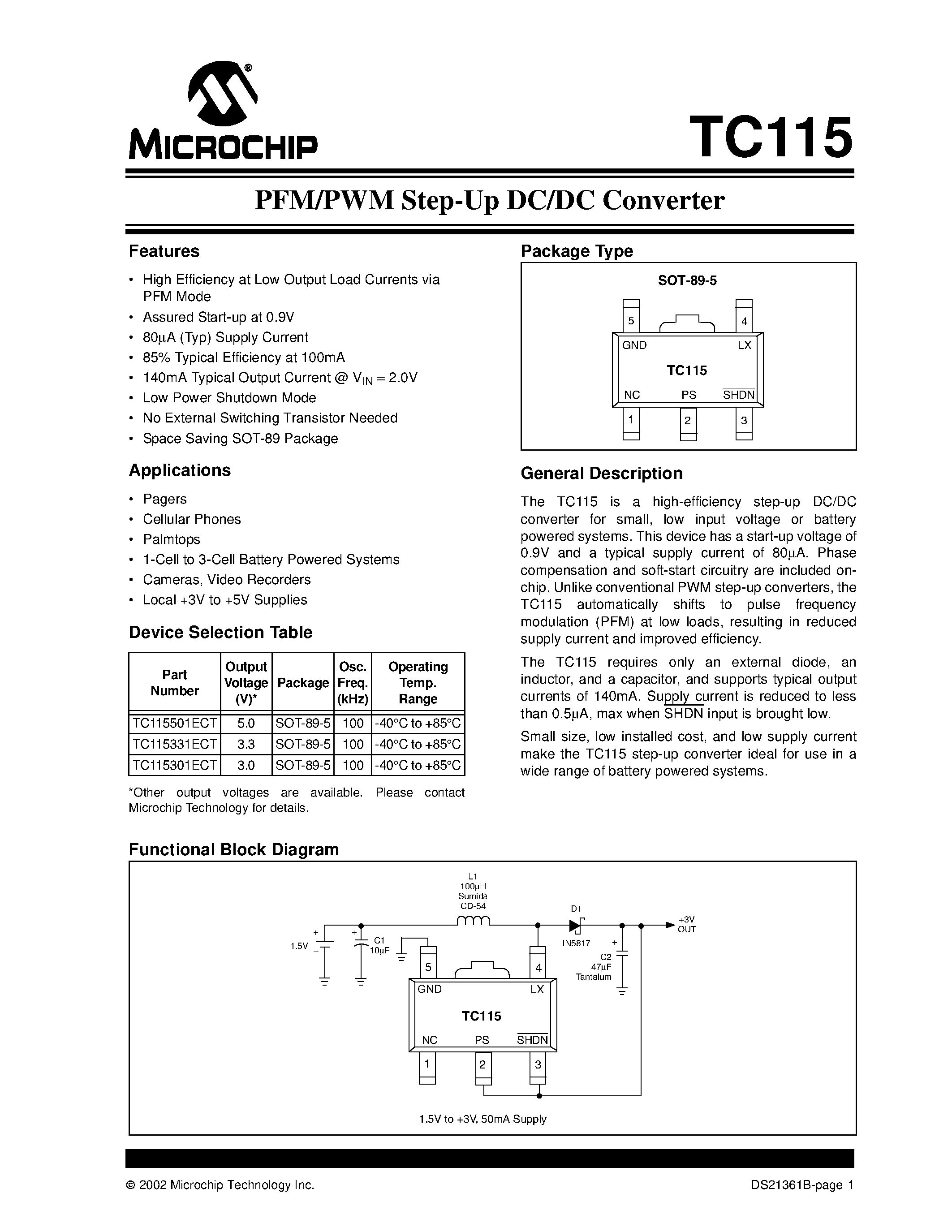 Datasheet TC115 page 1 Datasheet TC115 - PFM/PWM Step-Up DC/DC Converter page 1