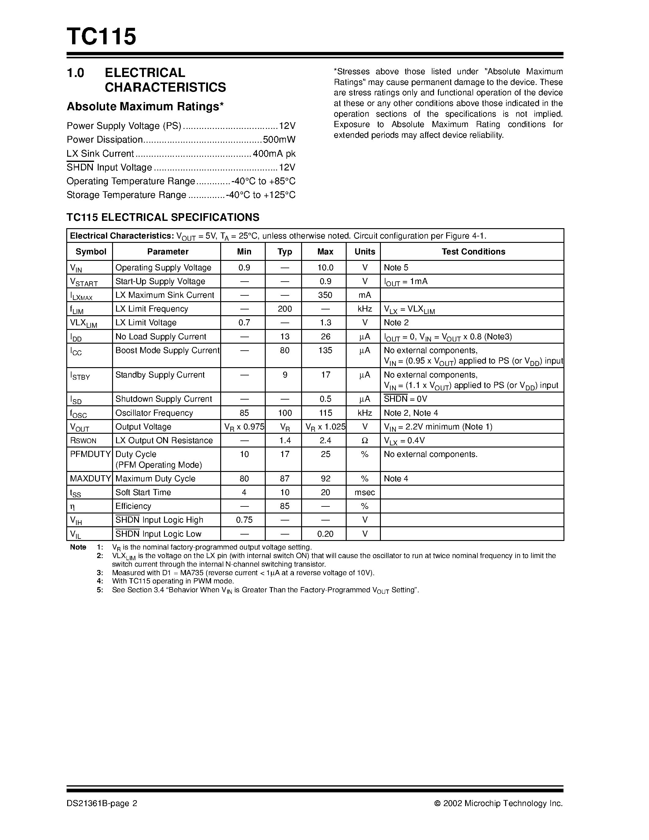 Datasheet TC115 page 2 Datasheet TC115 - PFM/PWM Step-Up DC/DC Converter page 2