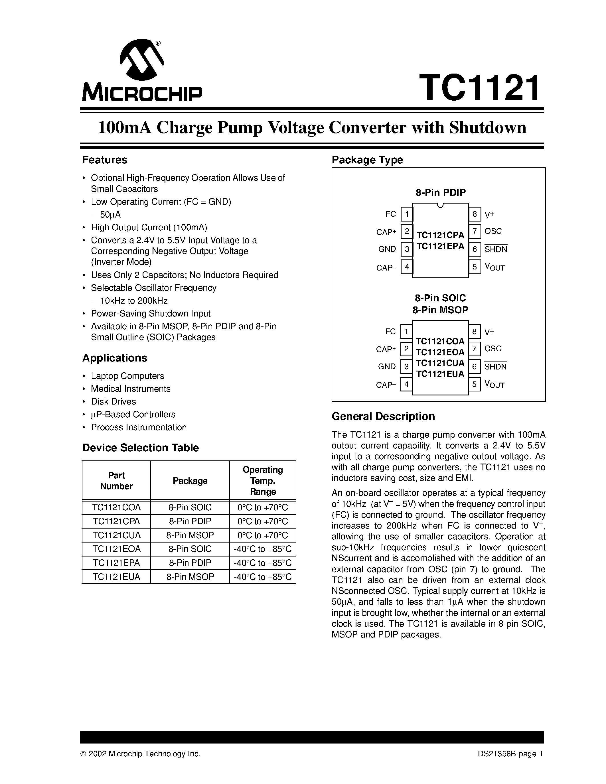Datasheet TC1121 page 1 Datasheet TC1121 - 100mA Charge Pump Voltage Converter with Shutdown page 1