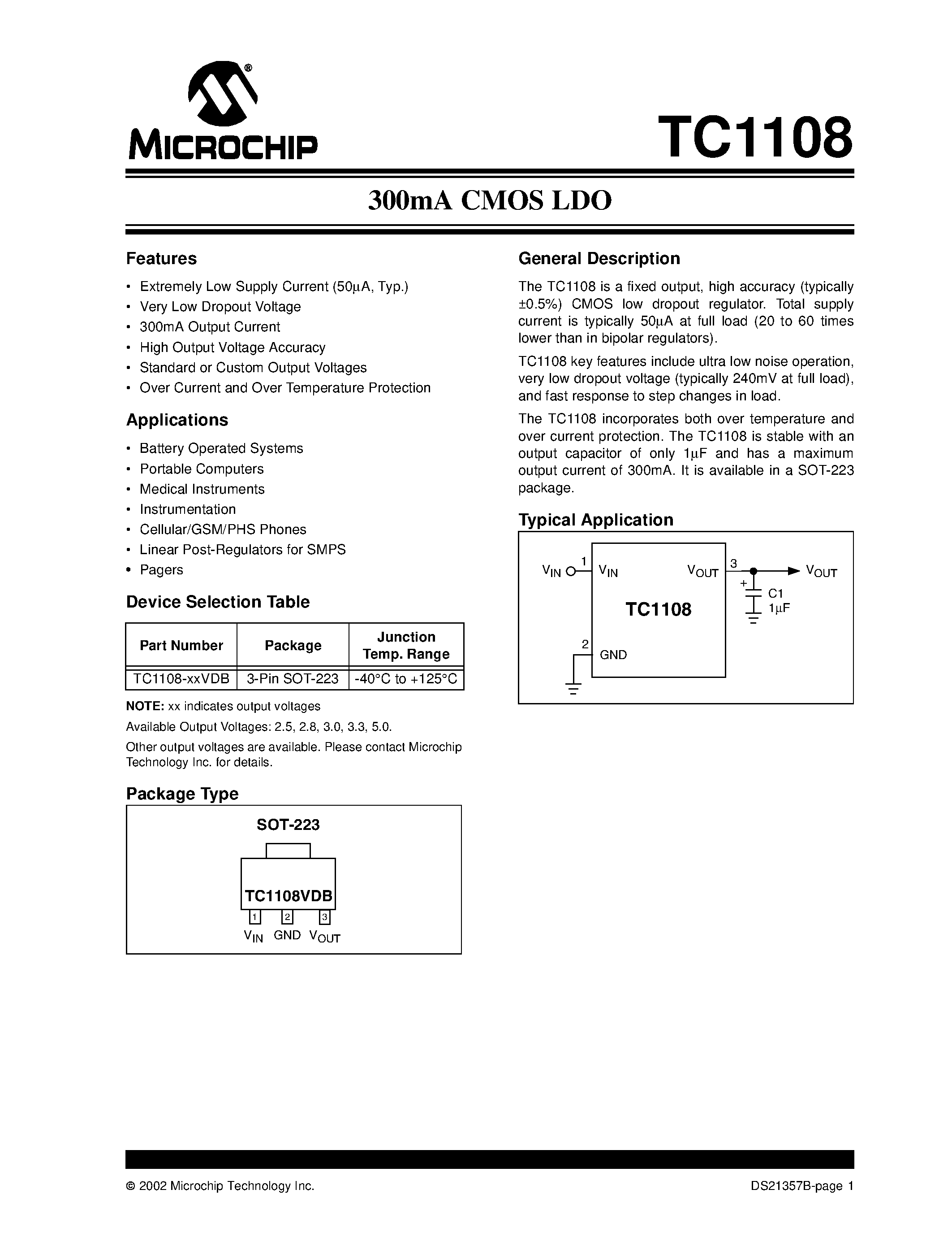 Datasheet TC1108 page 1 Datasheet TC1108 - 300mA CMOS LDO page 1