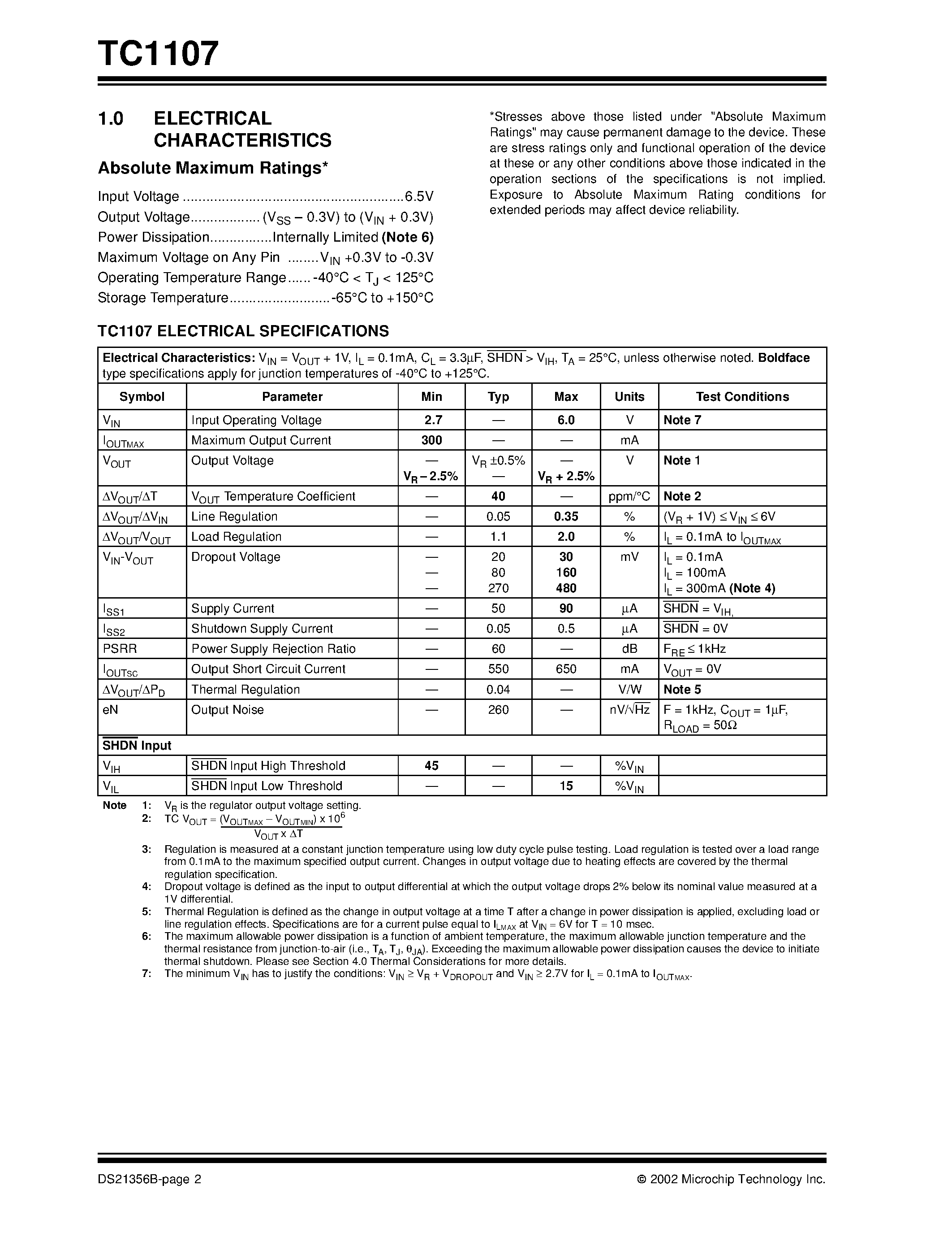 Datasheet TC1107 - 300mA CMOS LDO with Shutdown and VREF Bypass page 2