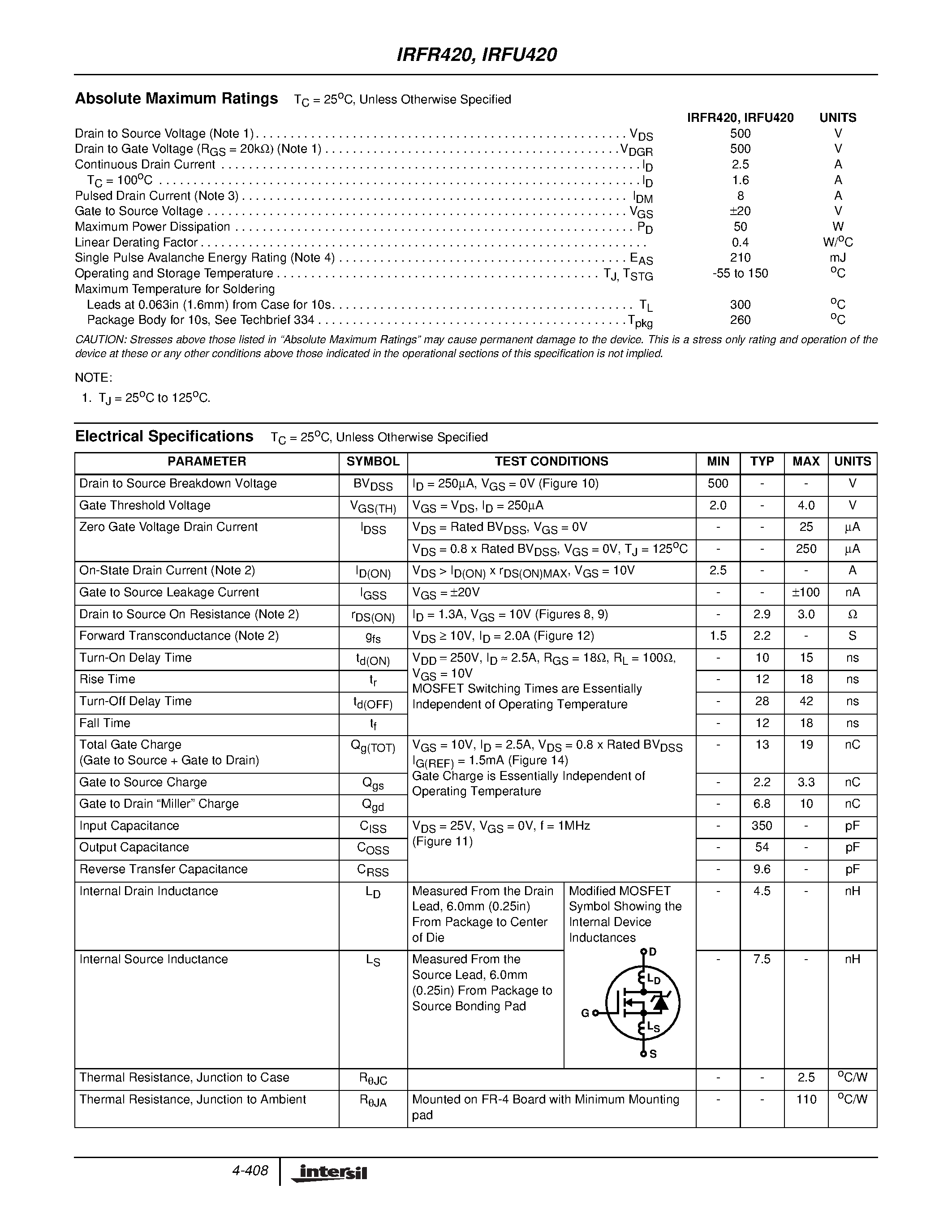 Datasheet IRFU420 - N-Channel Power MOSFETs page 2