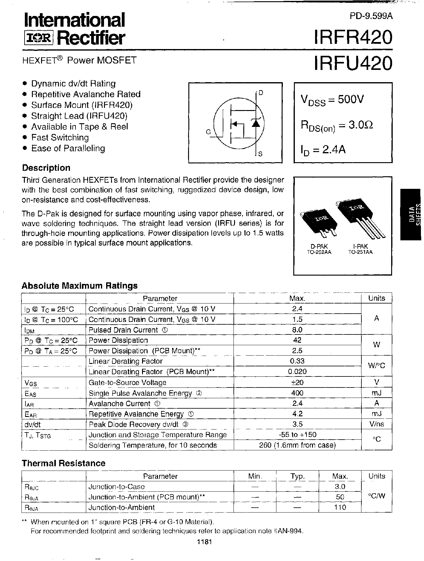 Datasheet IRFU420 - Power MOSFET page 1