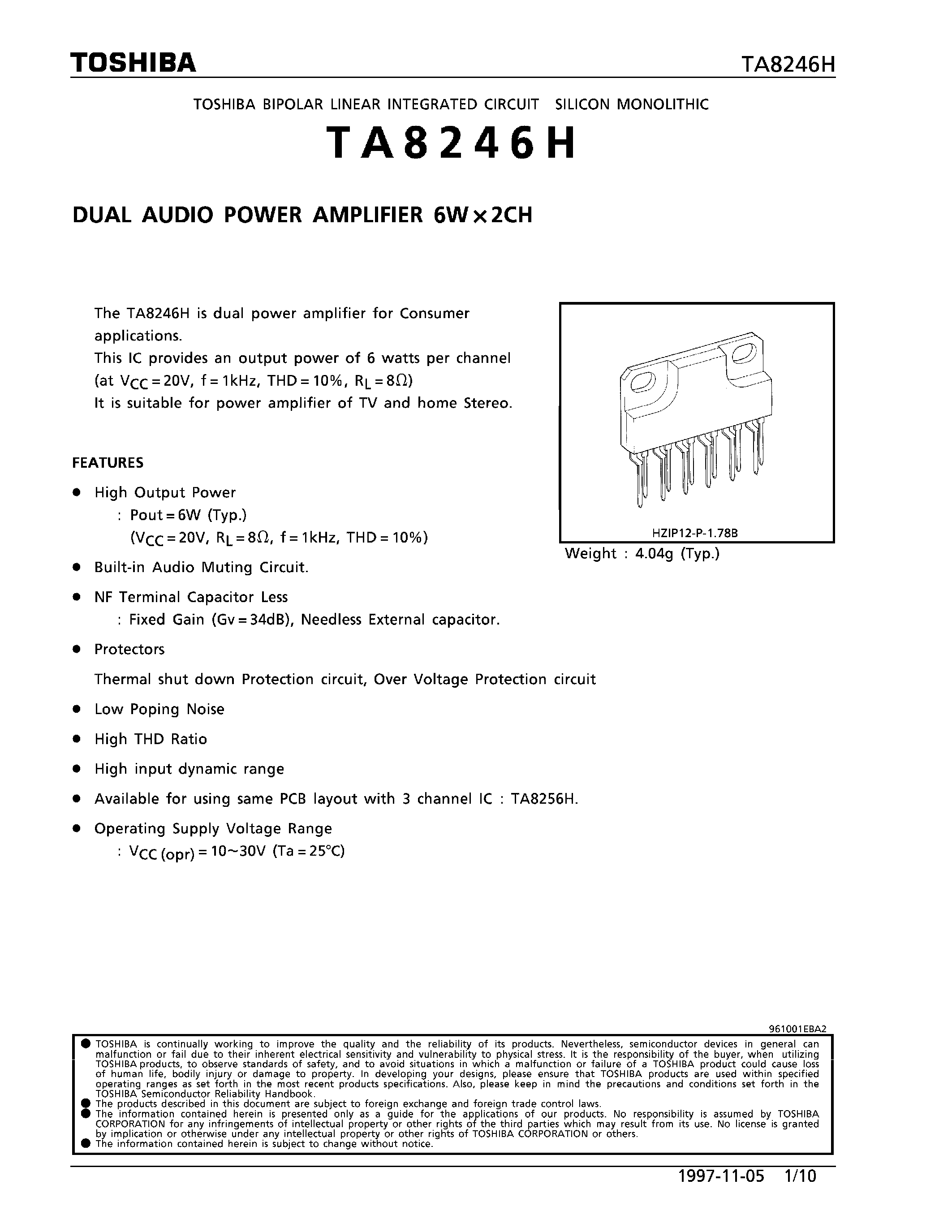 Даташит TA8246H - DUAL AUDIO POWER AMPLIFIER 6W x 2CH страница 1