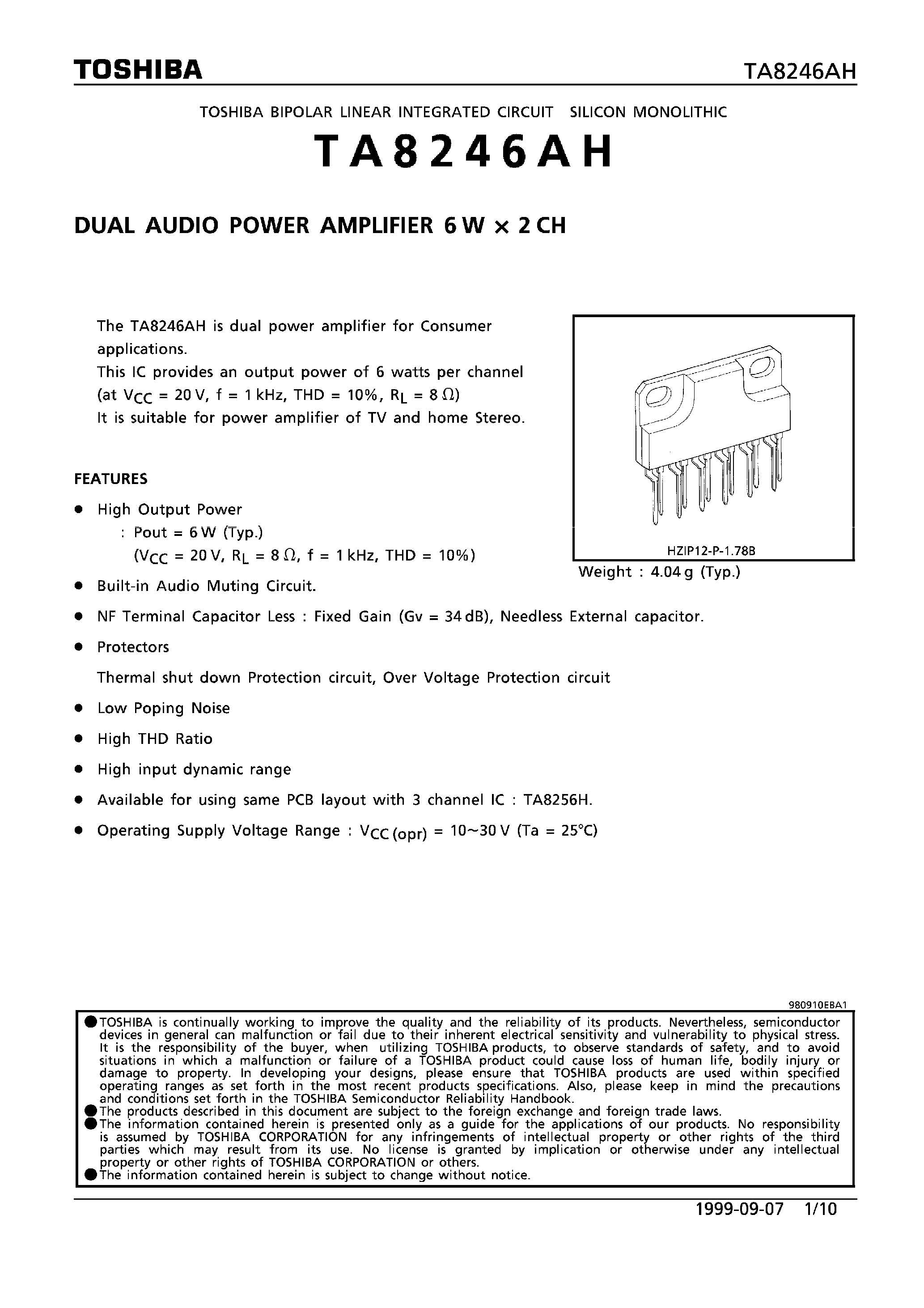 Даташит TA8246AH - DUAL AUDIO POWER AMPLIFIER 6W x 2CH страница 1