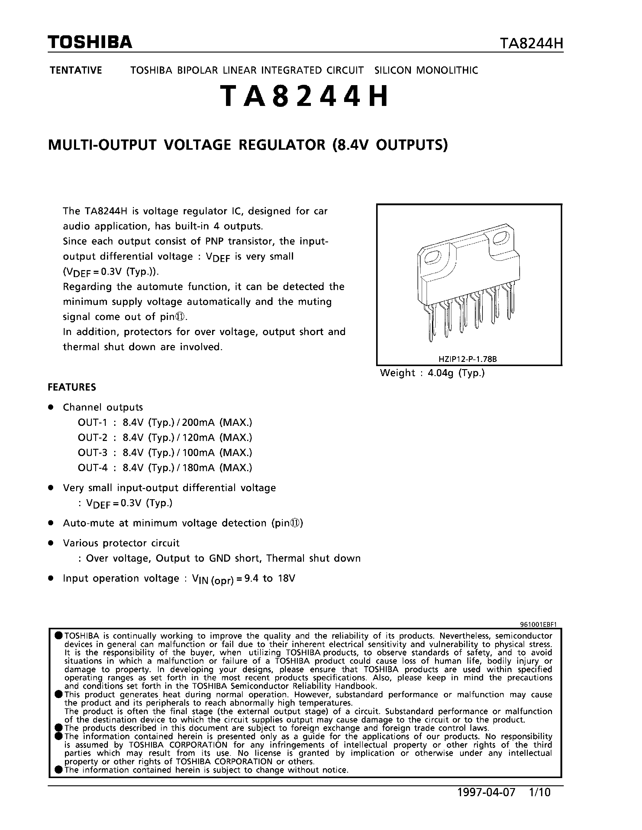 Datasheet TA8244H page 1 Datasheet TA8244H - MULTI-OUTPUT VOLTAGE REGULATOR (8.4V OUTPUTS) page 1
