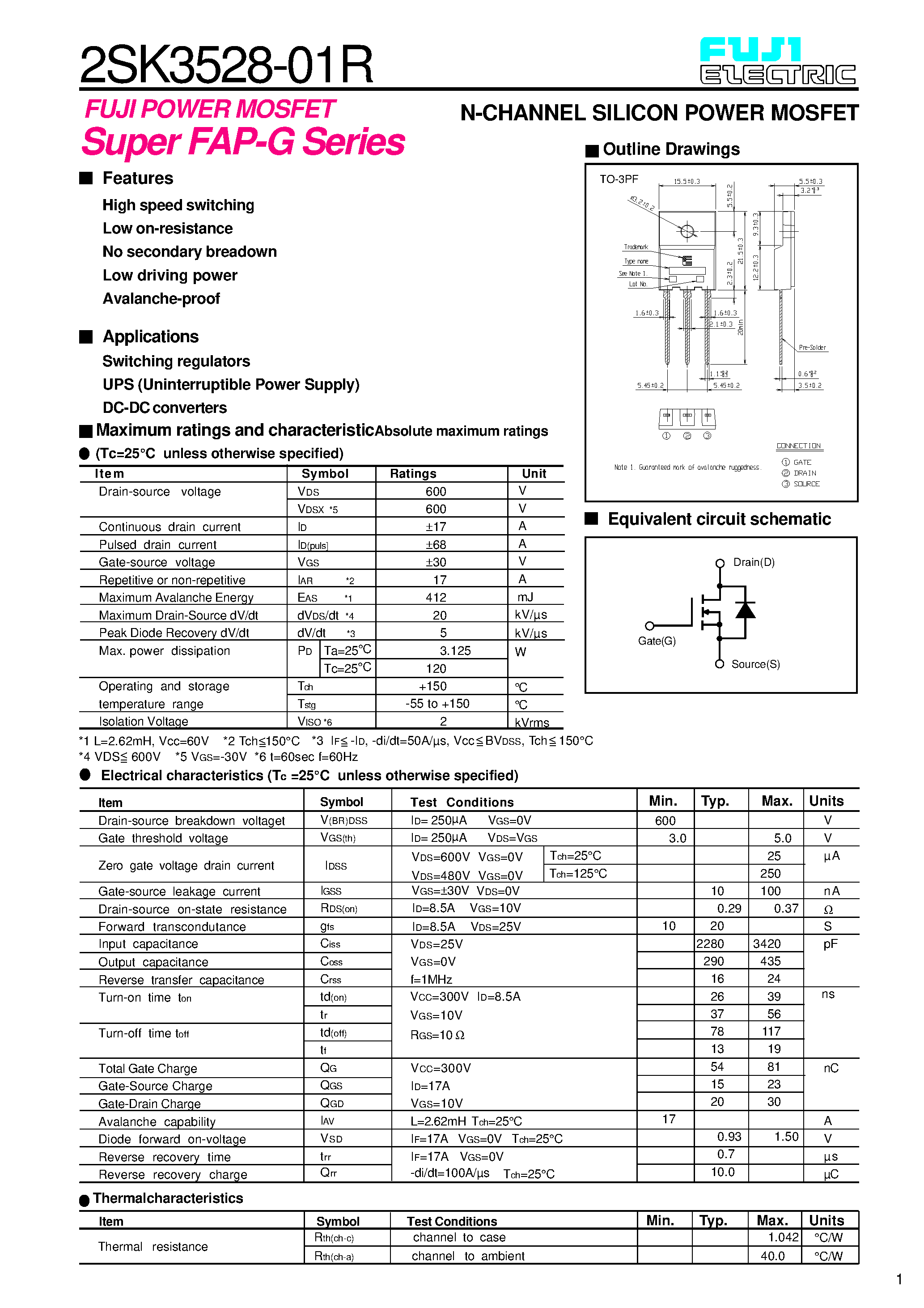 Datasheet 2SK3528-01R - Super FAP-G Series / N Channel Silicon Power MOSFET page 1